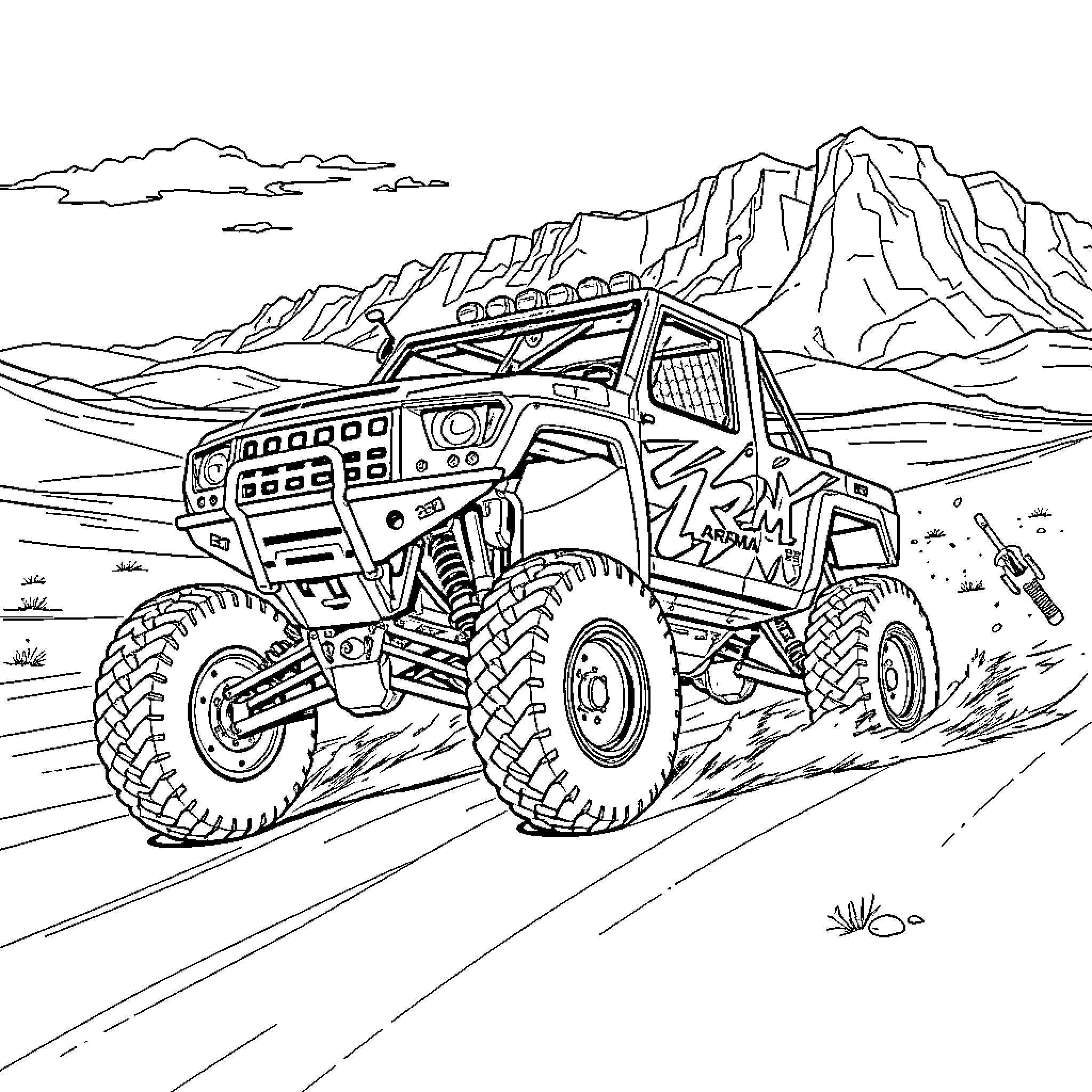 Trophy Truck Navigating Rugged Terrain Coloring Page (free black-and-white line drawing printable PDF for all, from beginners to advanced learners, including children, teens, adults, and seniors)