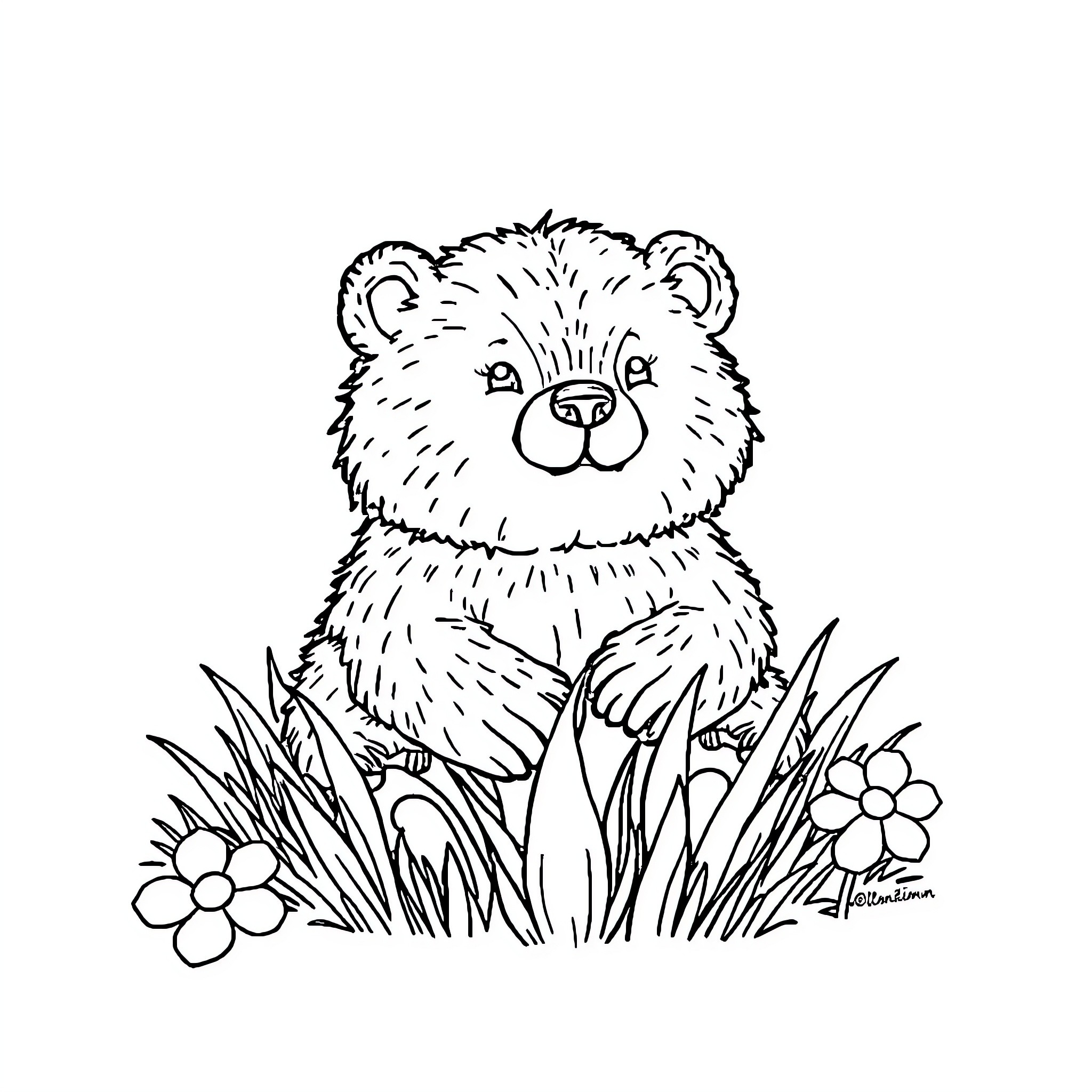 Bear sitting in the grass with flowers Coloring Page (free black-and-white line drawing printable PDF for all, from beginners to advanced learners, including children, teens, adults, and seniors)