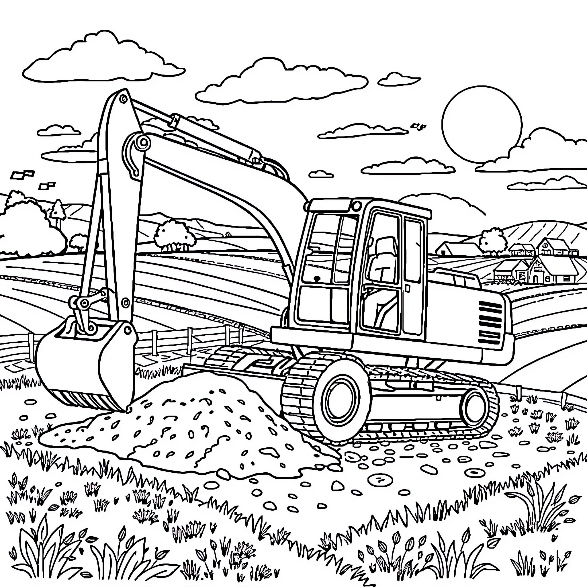 Excavator operating on a construction site in a rural landscape Coloring Page (free black-and-white line drawing printable PDF for all, from beginners to advanced learners, including children, teens, adults, and seniors)
