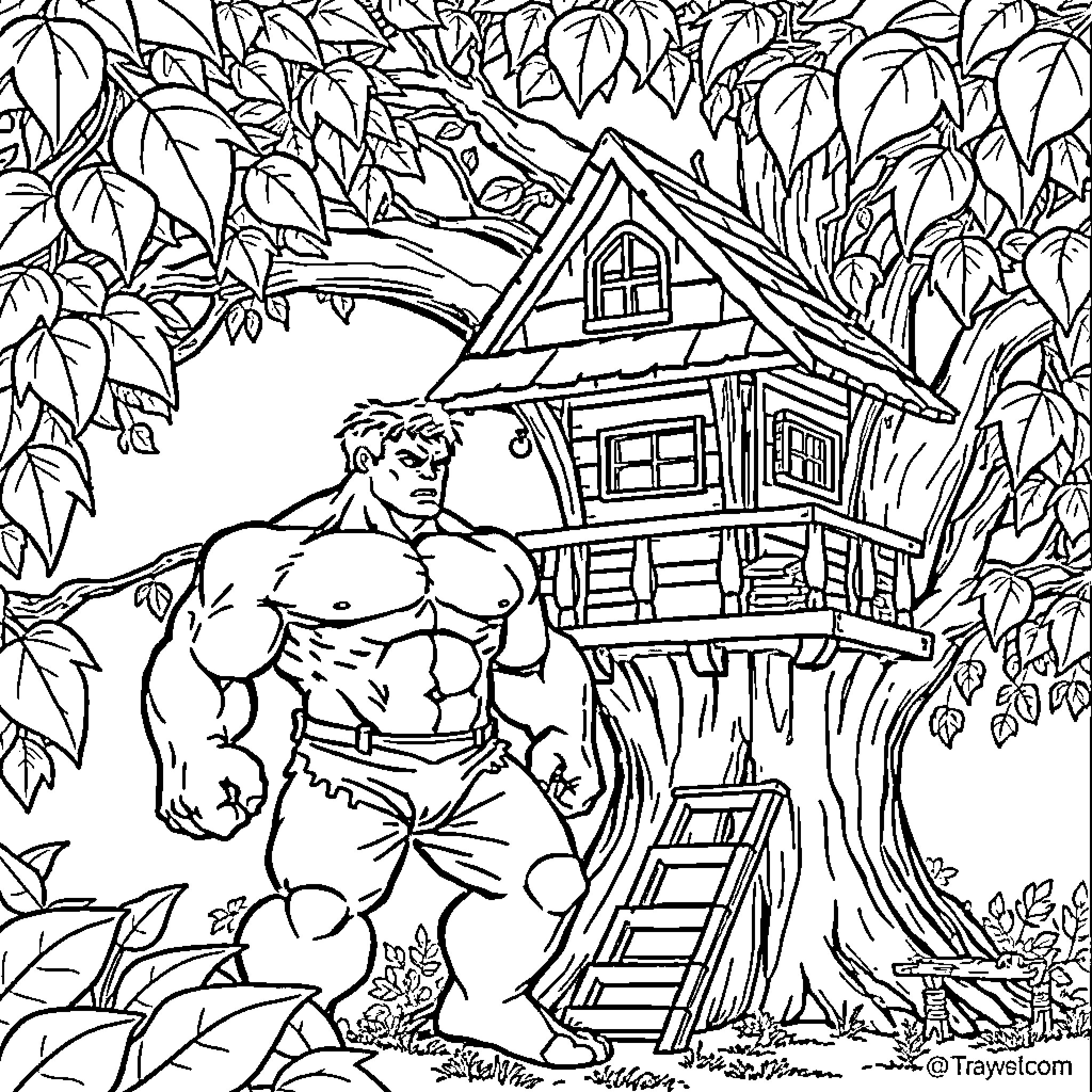 Hulk exploring a treehouse in the forest Coloring Page (free black-and-white line drawing printable PDF for all, from beginners to advanced learners, including children, teens, adults, and seniors)
