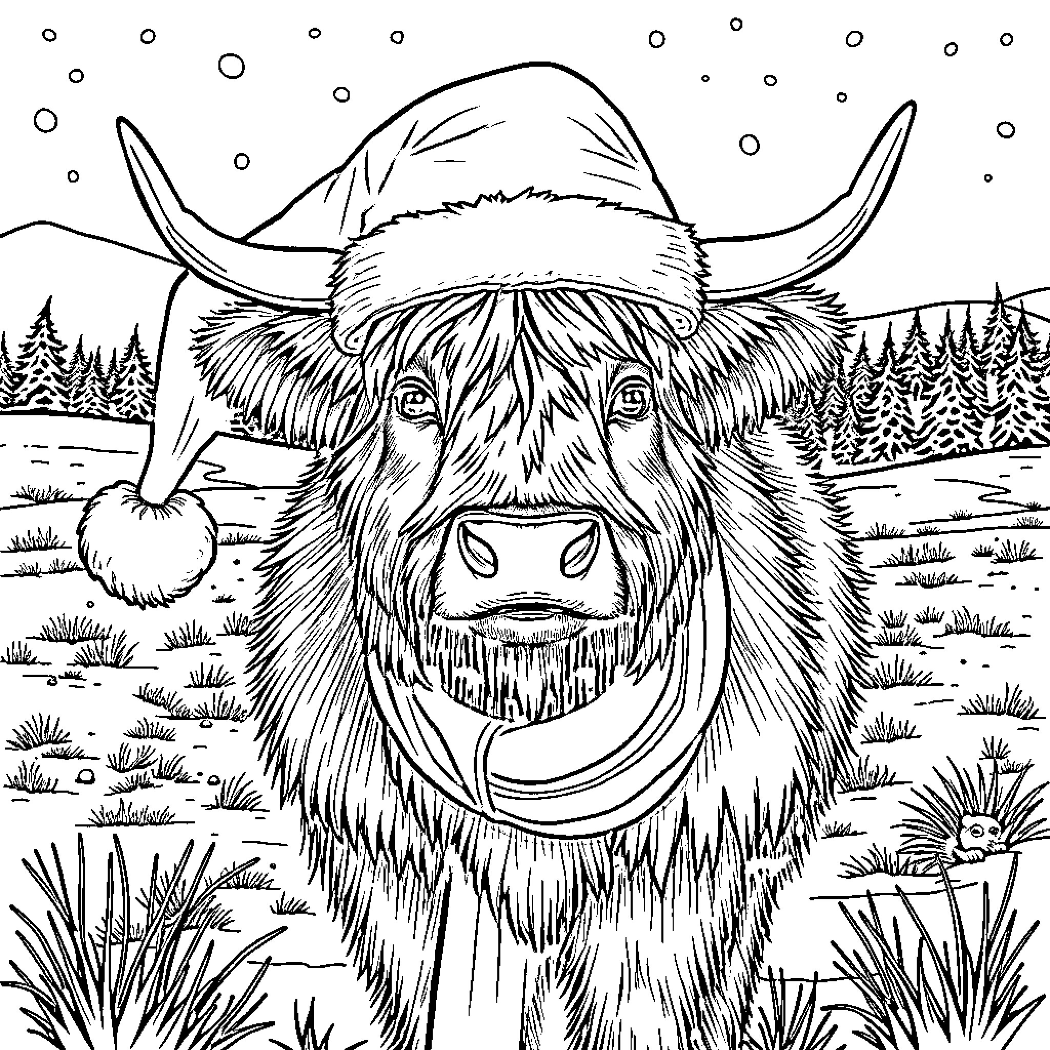 Highland Cow in Snowy Winter Landscape Coloring Page (free black-and-white line drawing printable PDF for all, from beginners to advanced learners, including children, teens, adults, and seniors)