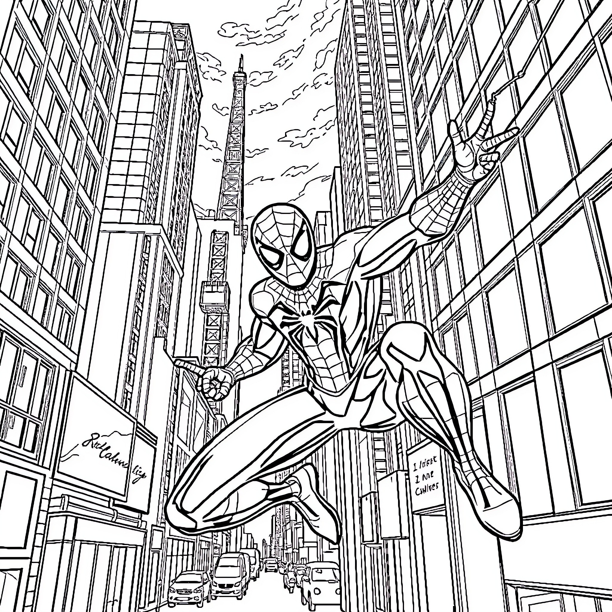 Spiderman swinging through the city skyline Coloring Page (free black-and-white line drawing printable PDF for all, from beginners to advanced learners, including children, teens, adults, and seniors)