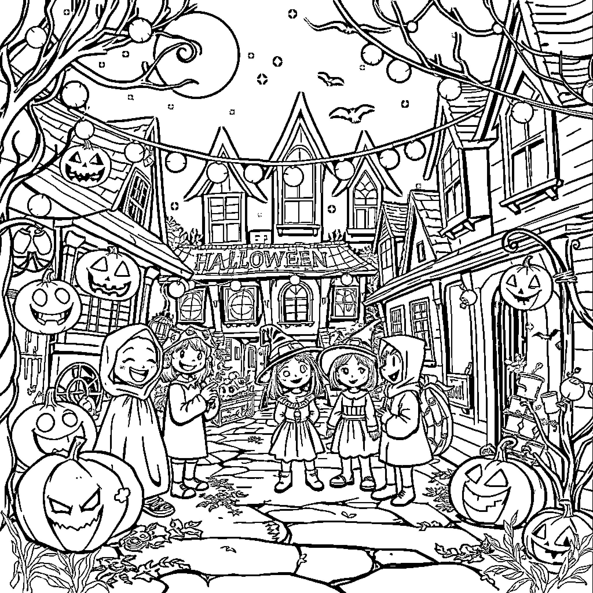 Halloween Spooktacular: Costumed Revelers on a Festive Street Coloring Page (free black-and-white line drawing printable PDF for all, from beginners to advanced learners, including children, teens, adults, and seniors)