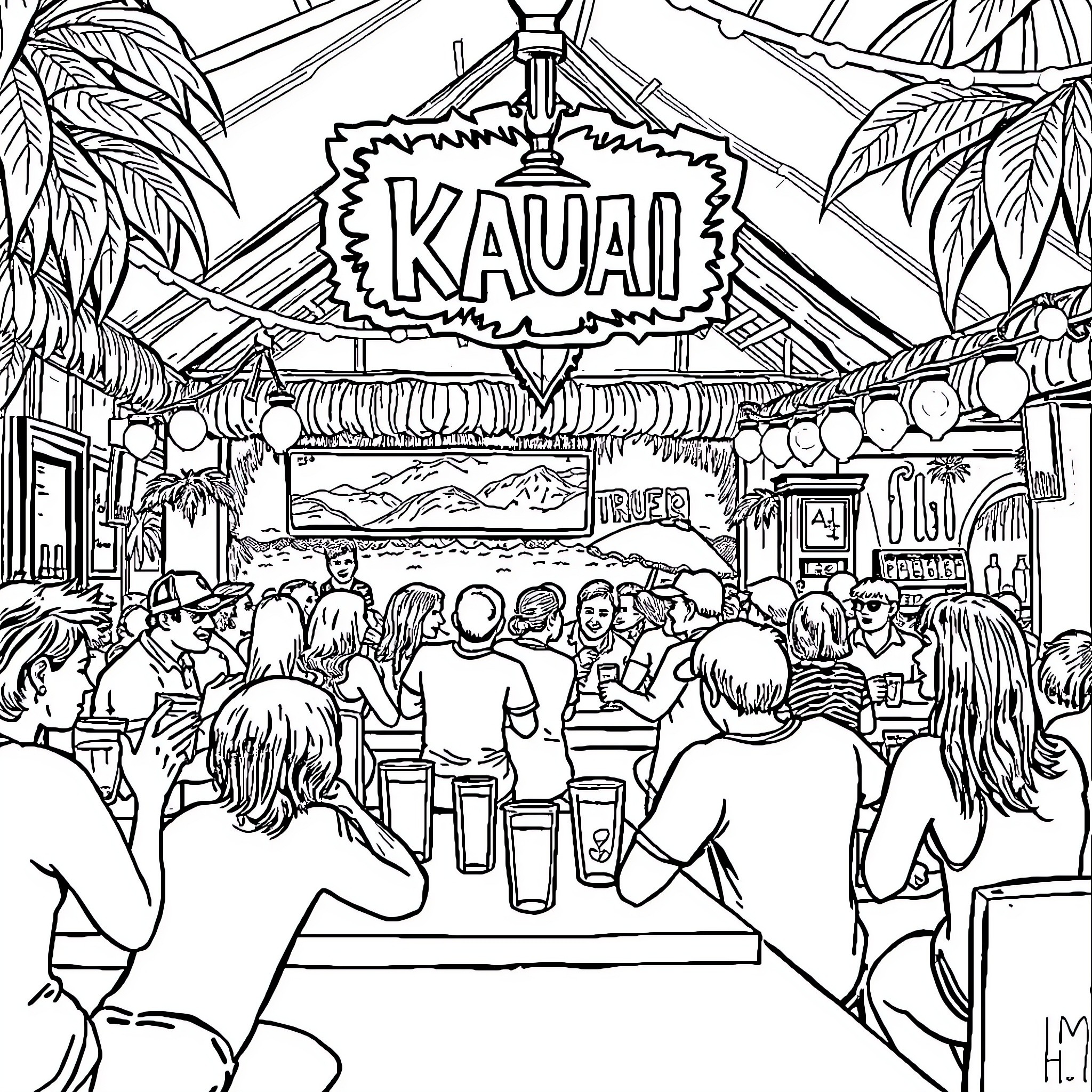 Bar with lively crowd and tropical decor Coloring Page (free black-and-white line drawing printable PDF for all, from beginners to advanced learners, including children, teens, adults, and seniors)