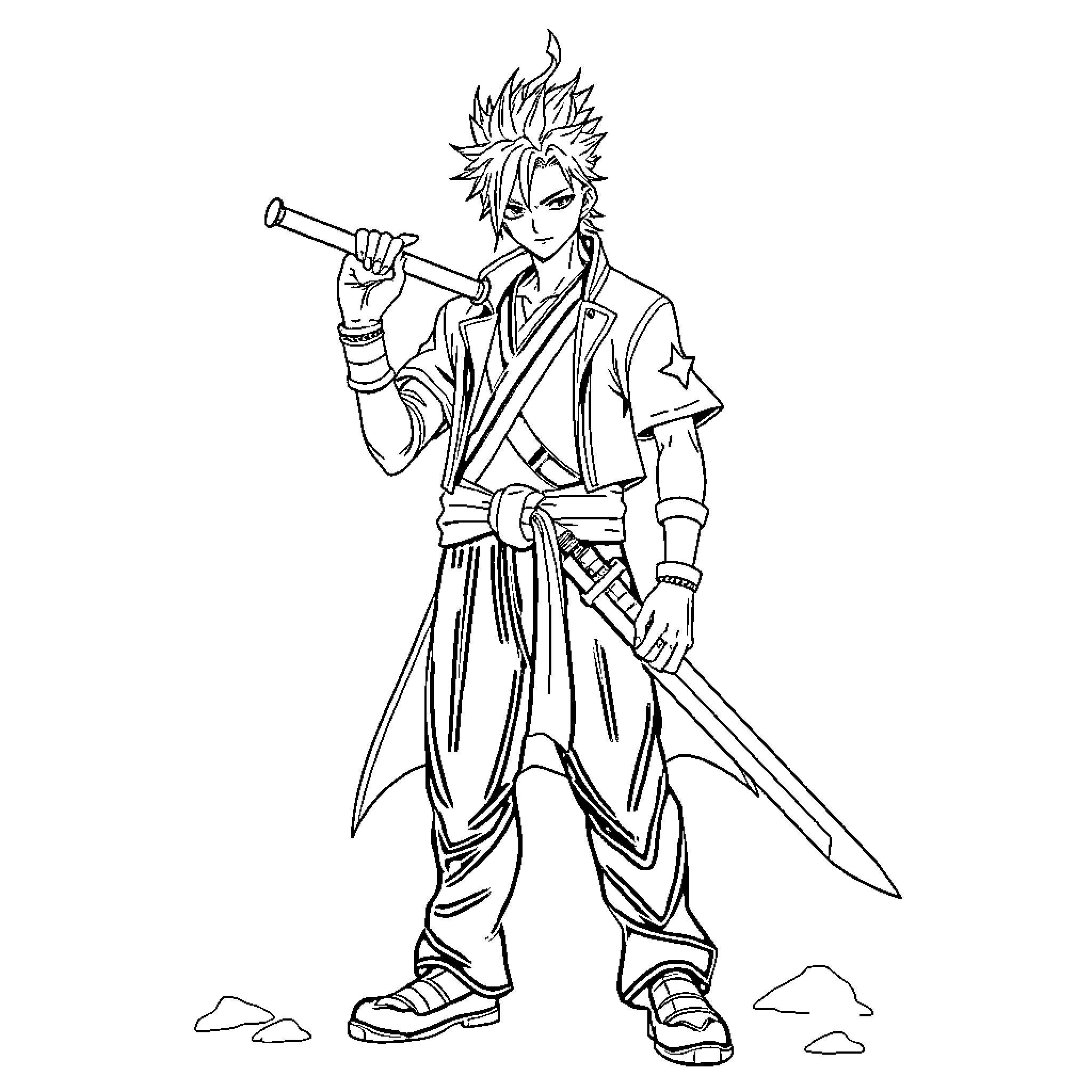 Senku standing confidently holding a sword and staff Coloring Page (free black-and-white line drawing printable PDF for all, from beginners to advanced learners, including children, teens, adults, and seniors)