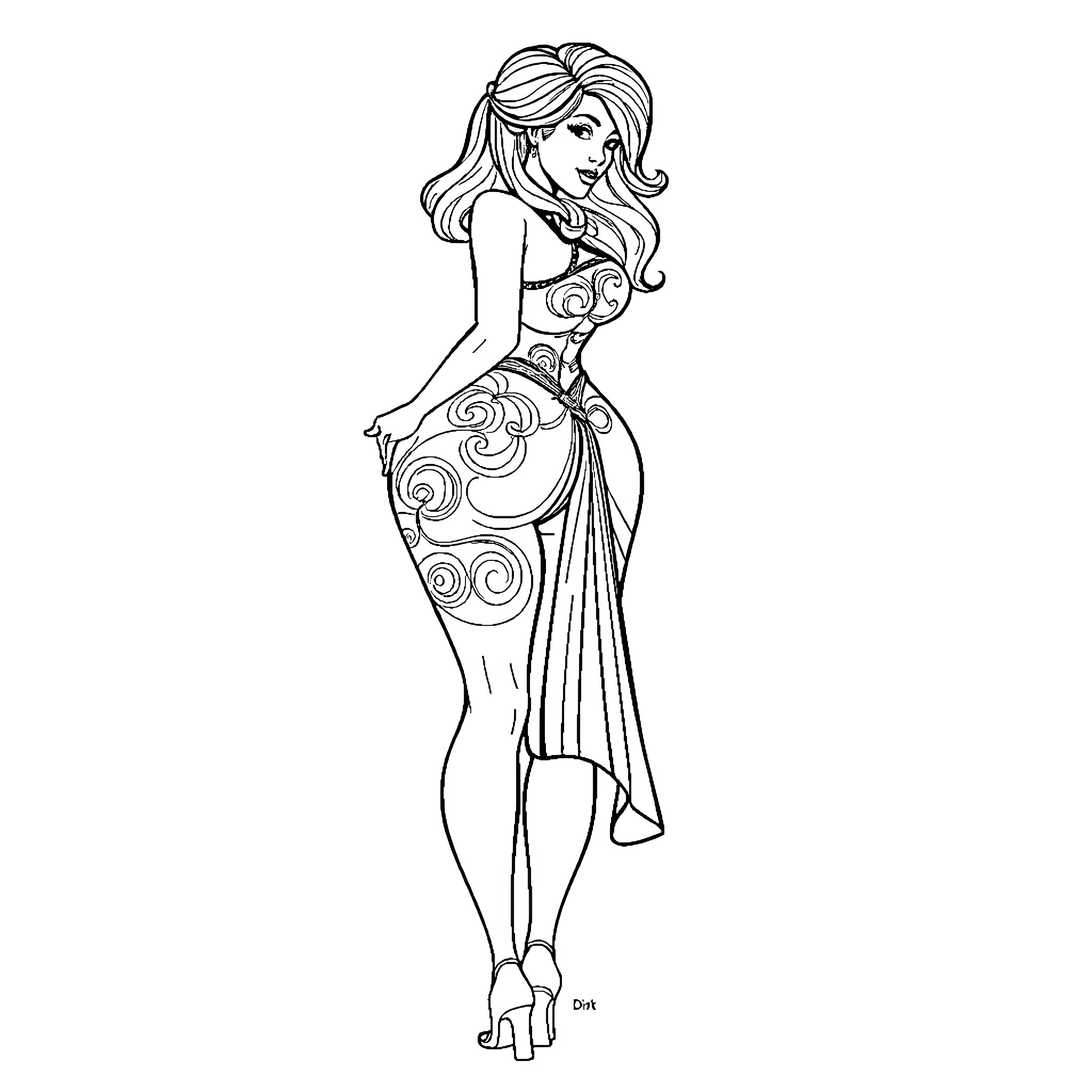 Woman in elegant flowing dress with intricate patterns Coloring Page (free black-and-white line drawing printable PDF for all, from beginners to advanced learners, including children, teens, adults, and seniors)