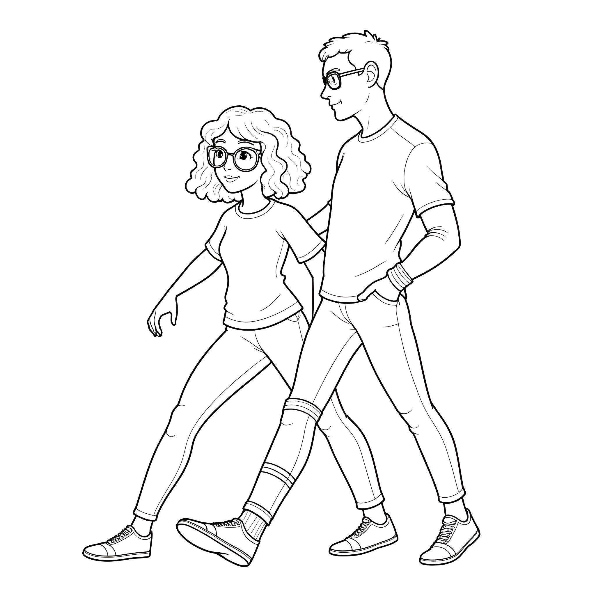 Students walking together happily Coloring Page (free black-and-white line drawing printable PDF for all, from beginners to advanced learners, including children, teens, adults, and seniors)