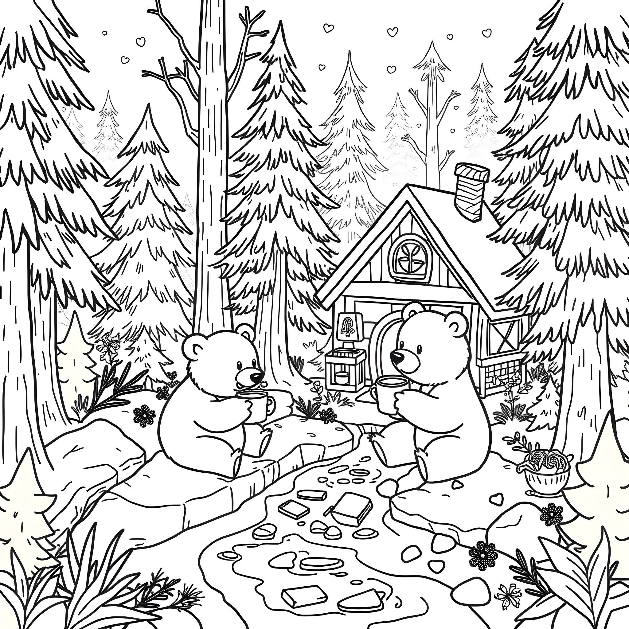 Bear friends having a picnic in the forest Coloring Page (free black-and-white line drawing printable PDF for all, from beginners to advanced learners, including children, teens, adults, and seniors)