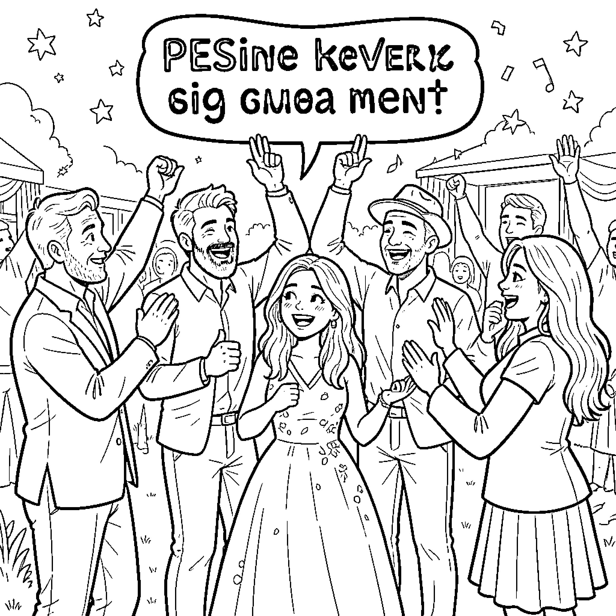Engagement celebration with joyful people cheering and clapping Coloring Page (free black-and-white line drawing printable PDF for all, from beginners to advanced learners, including children, teens, adults, and seniors)