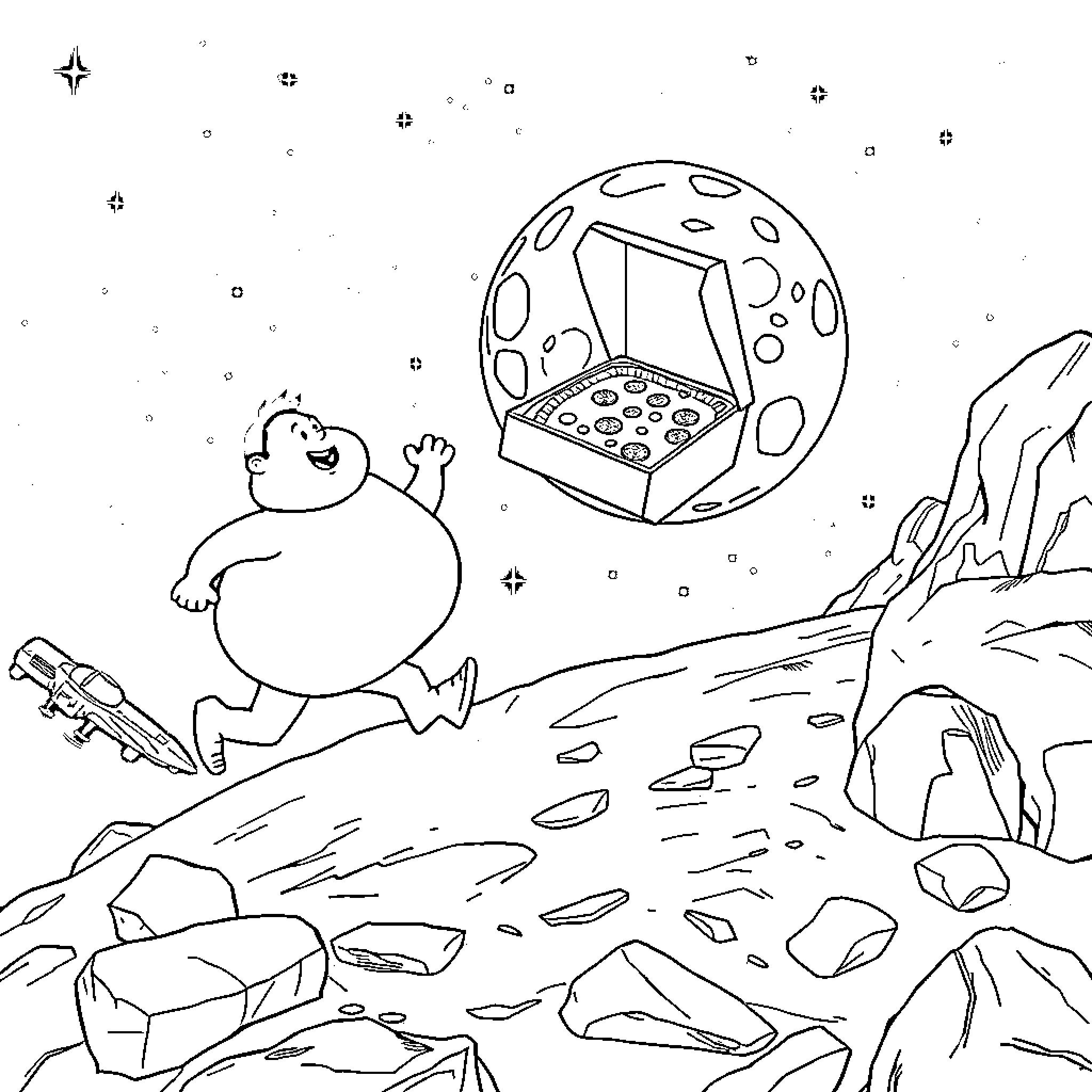 Guy enjoying pizza on the moon Coloring Page (free black-and-white line drawing printable PDF for all, from beginners to advanced learners, including children, teens, adults, and seniors)