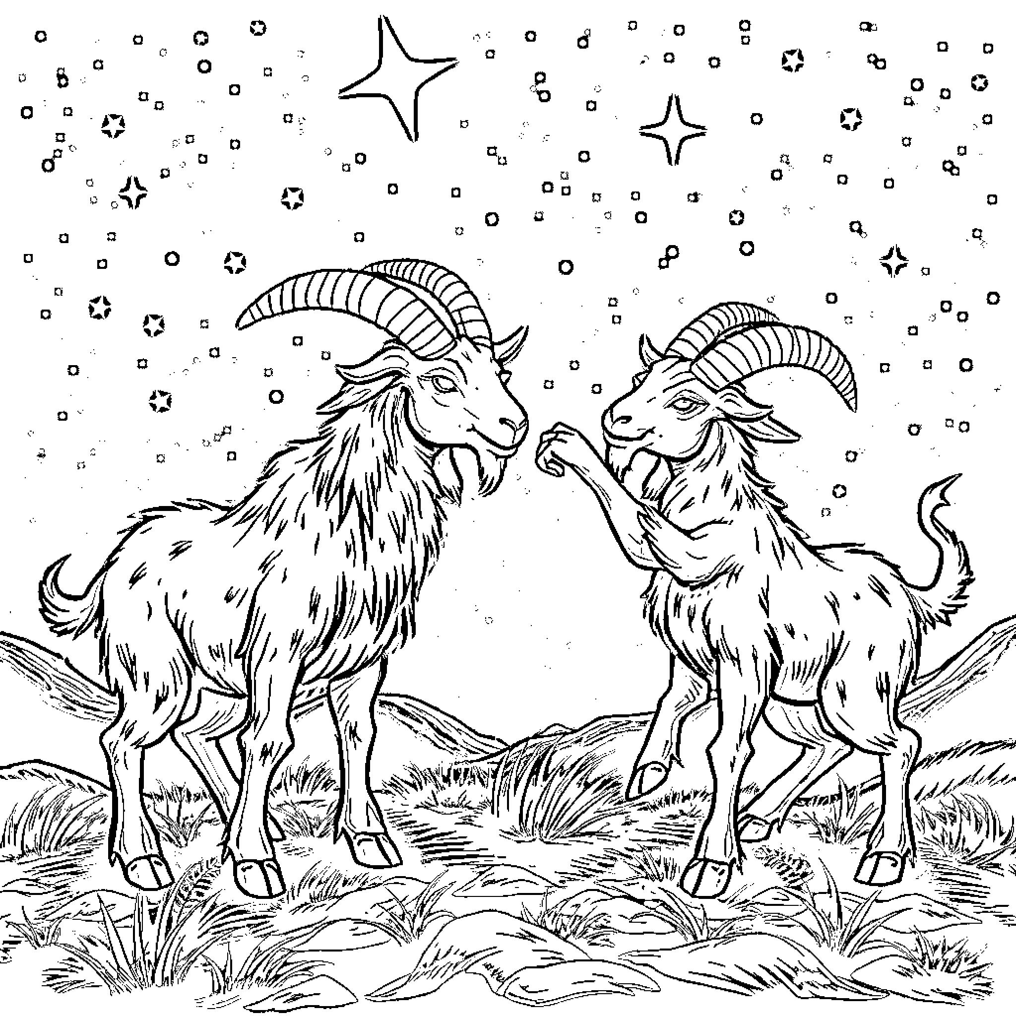 Goats gazing at the starry night sky Coloring Page (free black-and-white line drawing printable PDF for all, from beginners to advanced learners, including children, teens, adults, and seniors)