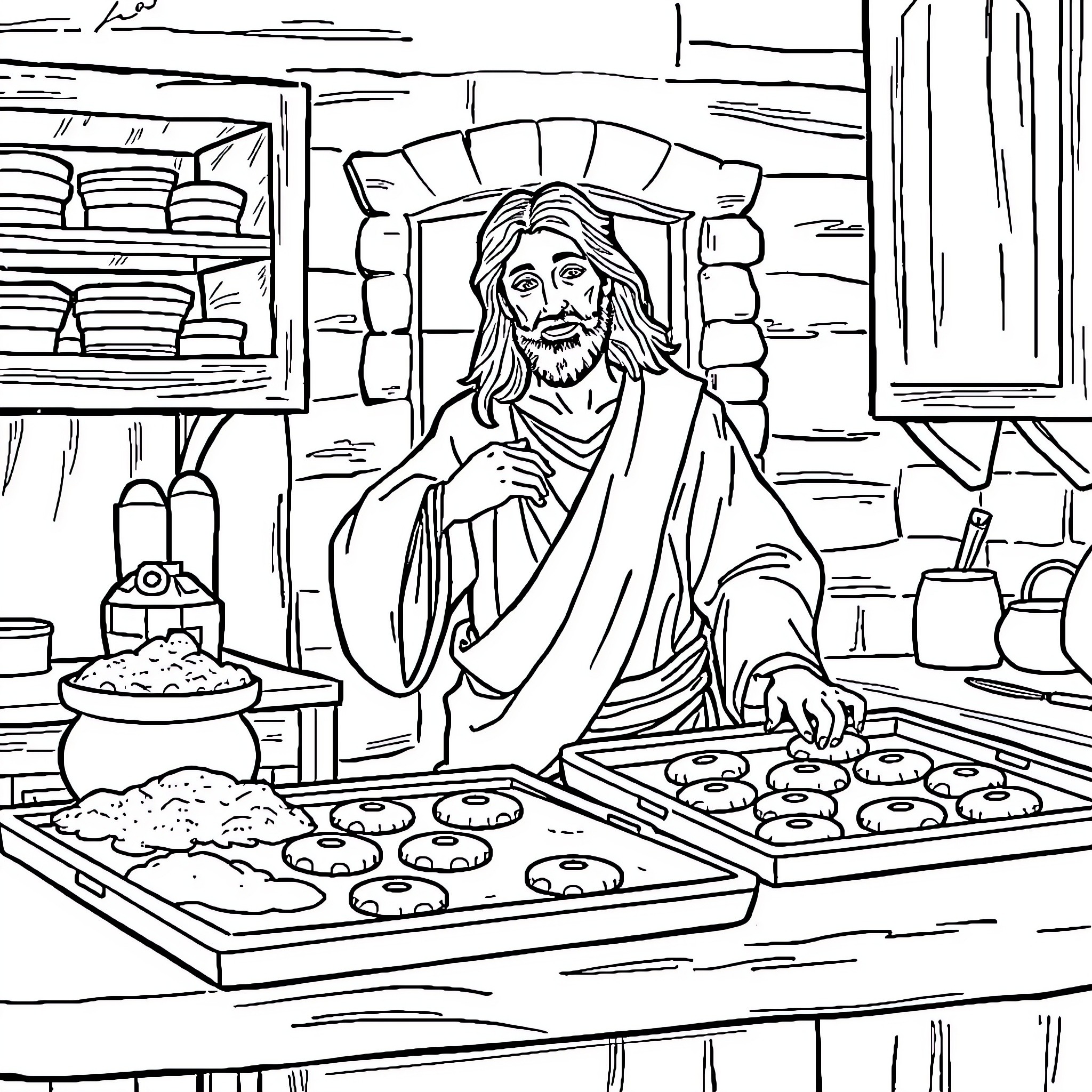 Jesus Baking Bread in a Traditional Kitchen Coloring Page (free black-and-white line drawing printable PDF for all, from beginners to advanced learners, including children, teens, adults, and seniors)