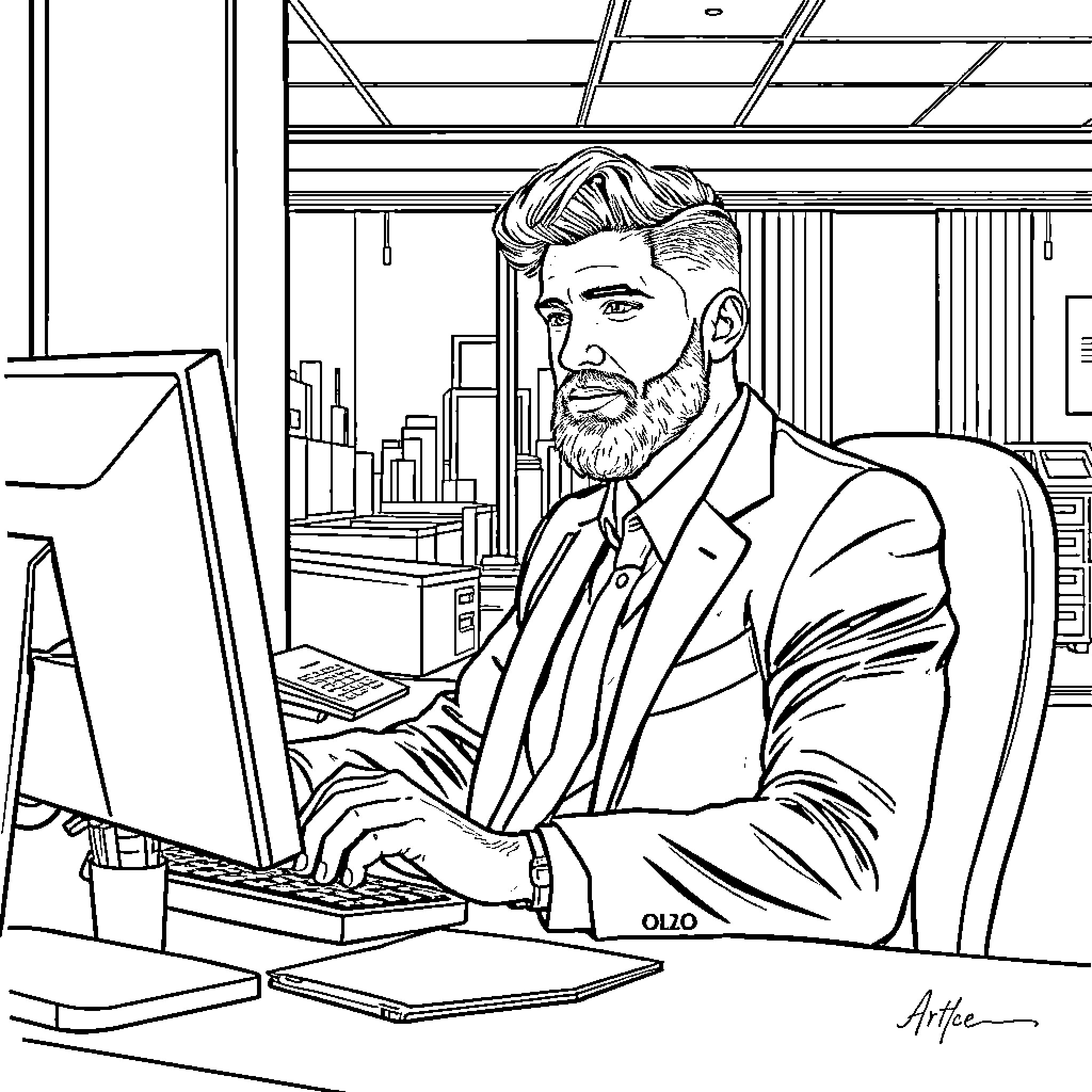 Bryce Harper at work in the office Coloring Page (free black-and-white line drawing printable PDF for all, from beginners to advanced learners, including children, teens, adults, and seniors)