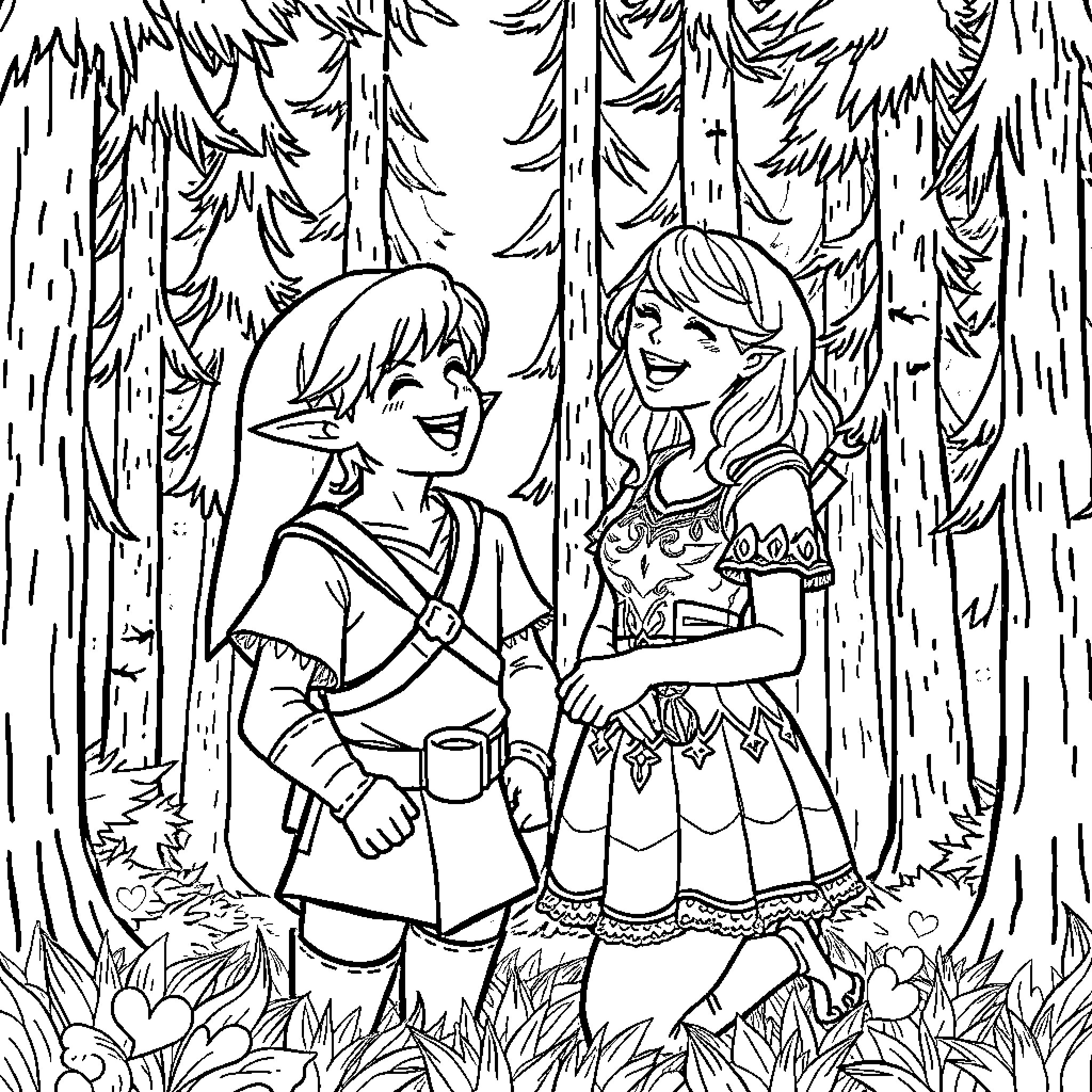 Link and Zelda explore the forest Coloring Page (free black-and-white line drawing printable PDF for all, from beginners to advanced learners, including children, teens, adults, and seniors)