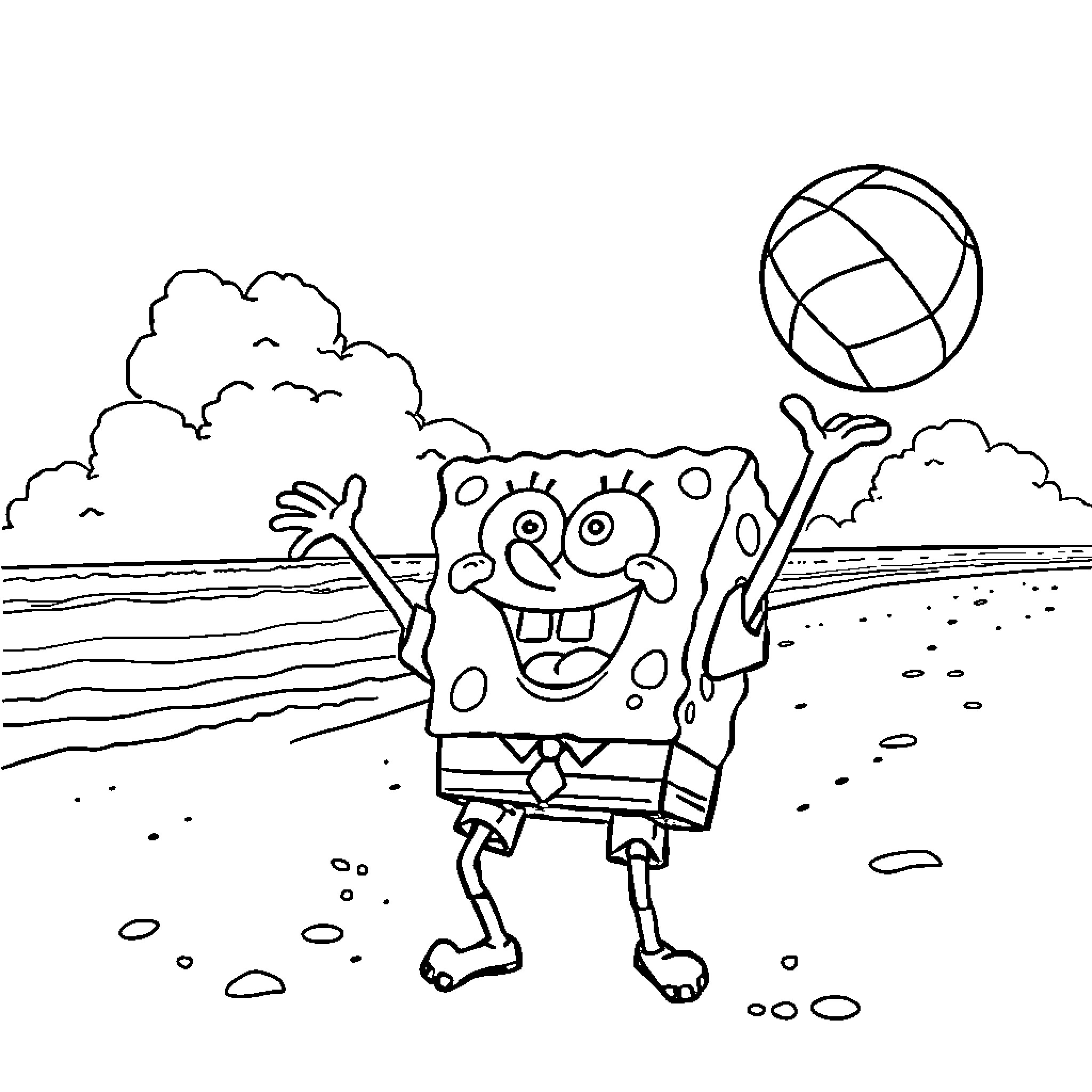Spongebob playing joyfully with beach ball on shoreline Coloring Page (free black-and-white line drawing printable PDF for all, from beginners to advanced learners, including children, teens, adults, and seniors)