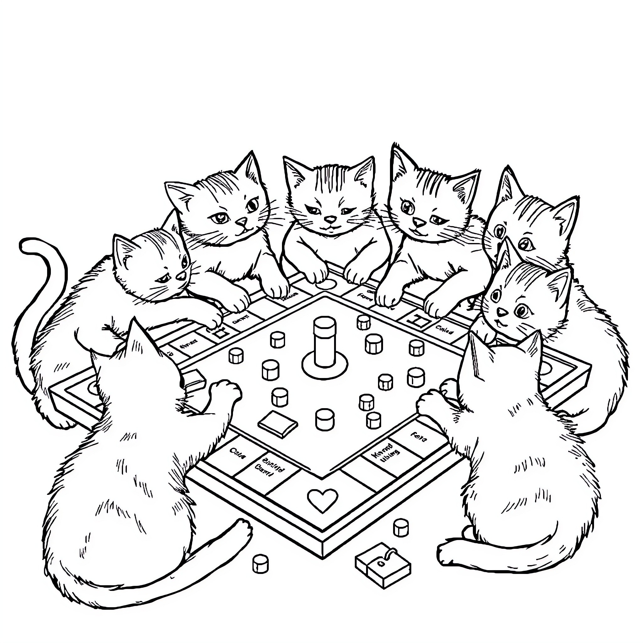 Cats Playing on a Game Board Coloring Page (free black-and-white line drawing printable PDF for all, from beginners to advanced learners, including children, teens, adults, and seniors)