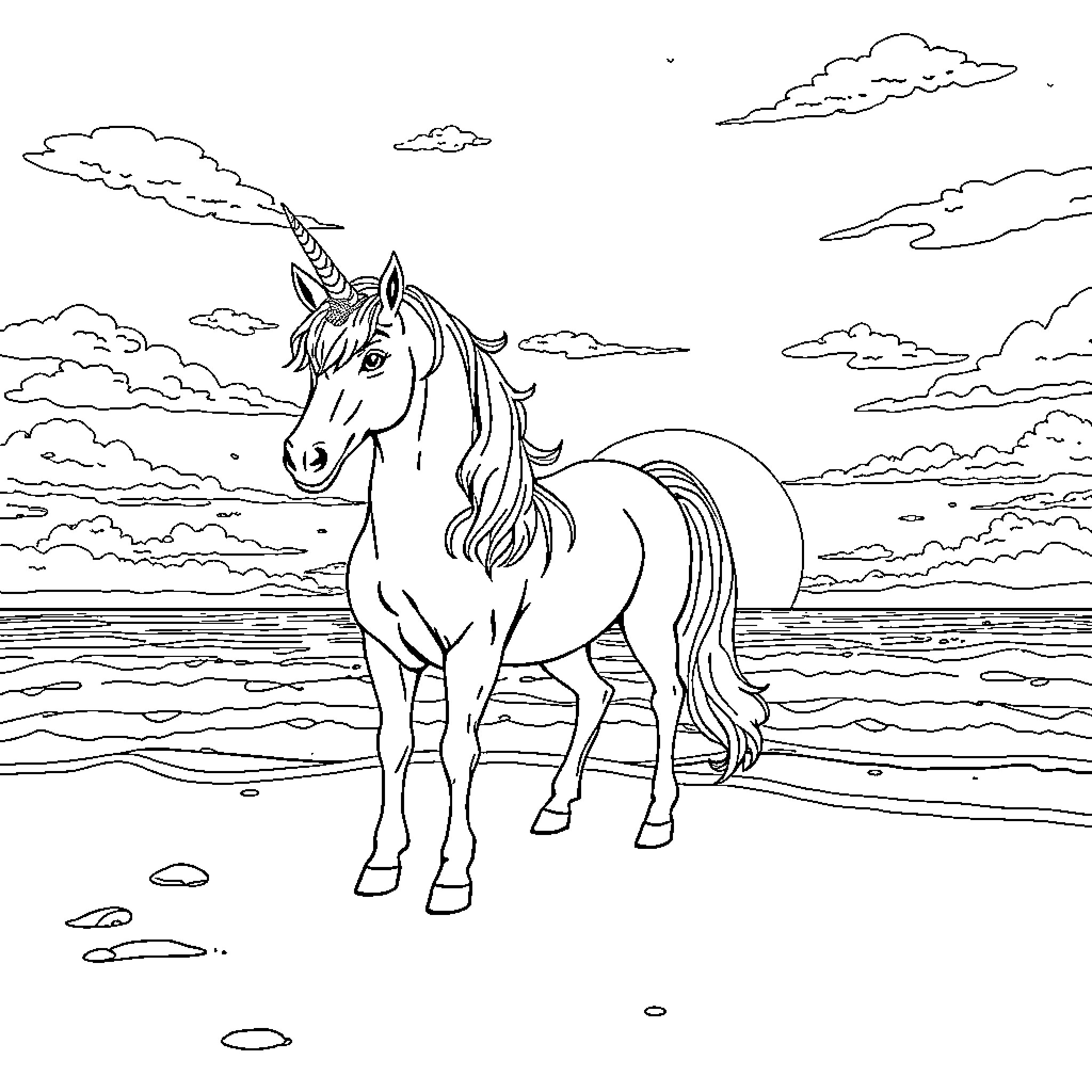 Unicorn standing majestically by the shore Coloring Page (free black-and-white line drawing printable PDF for all, from beginners to advanced learners, including children, teens, adults, and seniors)