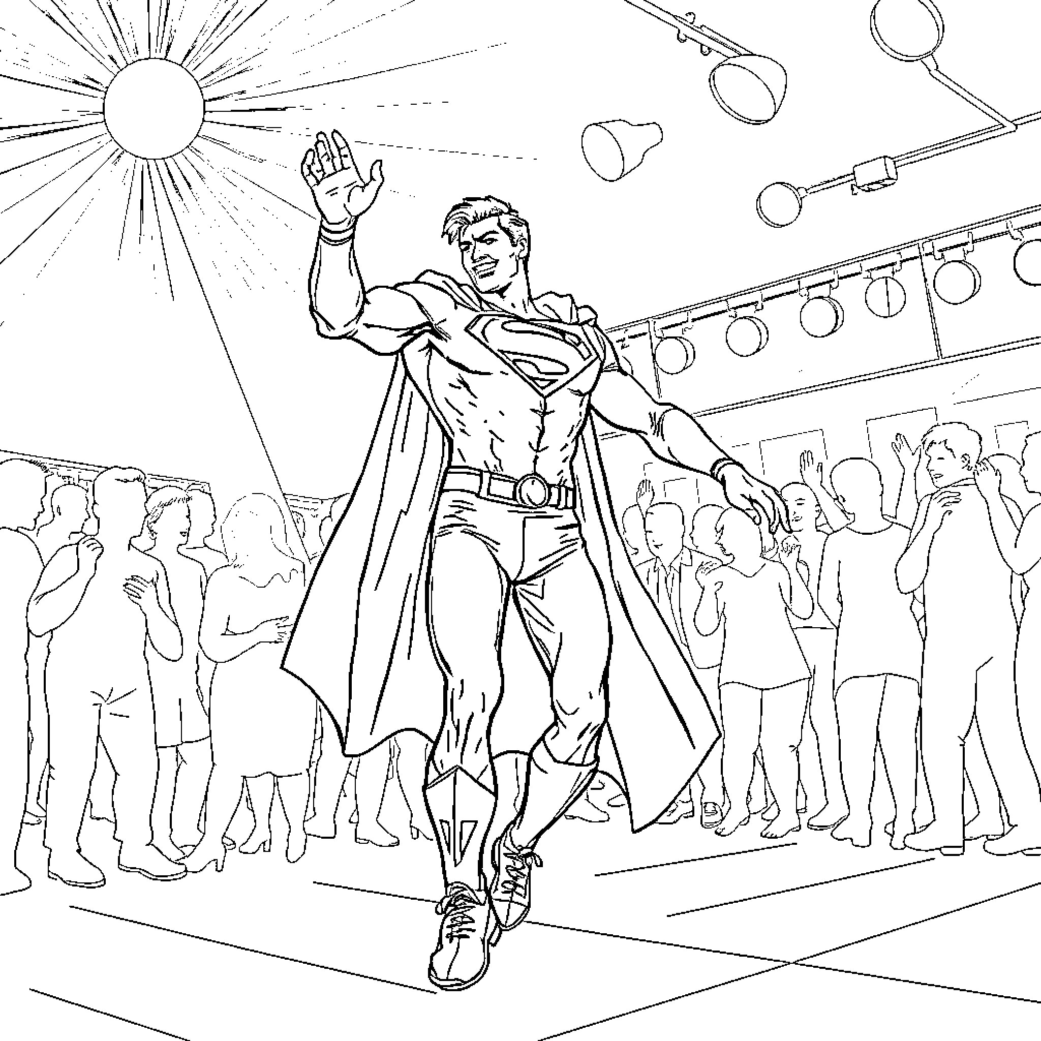 Superman soaring over adoring crowd in action pose Coloring Page (free black-and-white line drawing printable PDF for all, from beginners to advanced learners, including children, teens, adults, and seniors)