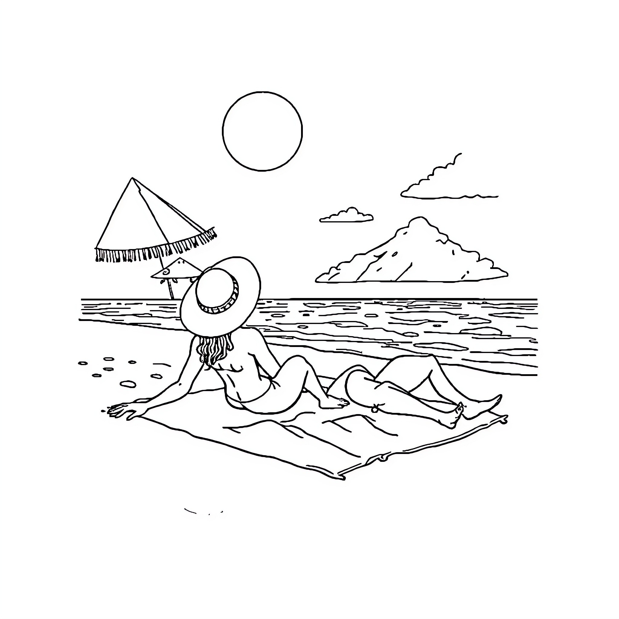 Woman relaxing on the beach with umbrella Coloring Page (free black-and-white line drawing printable PDF for all, from beginners to advanced learners, including children, teens, adults, and seniors)