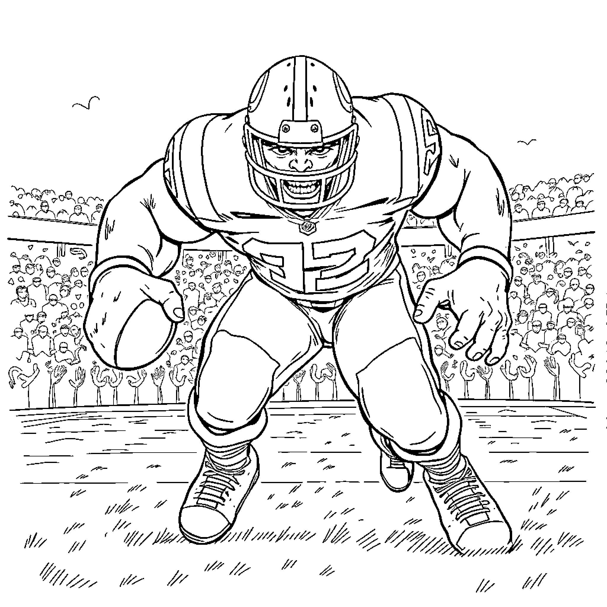 Hulk Football Player Rushing Towards the Goal Coloring Page (free black-and-white line drawing printable PDF for all, from beginners to advanced learners, including children, teens, adults, and seniors)