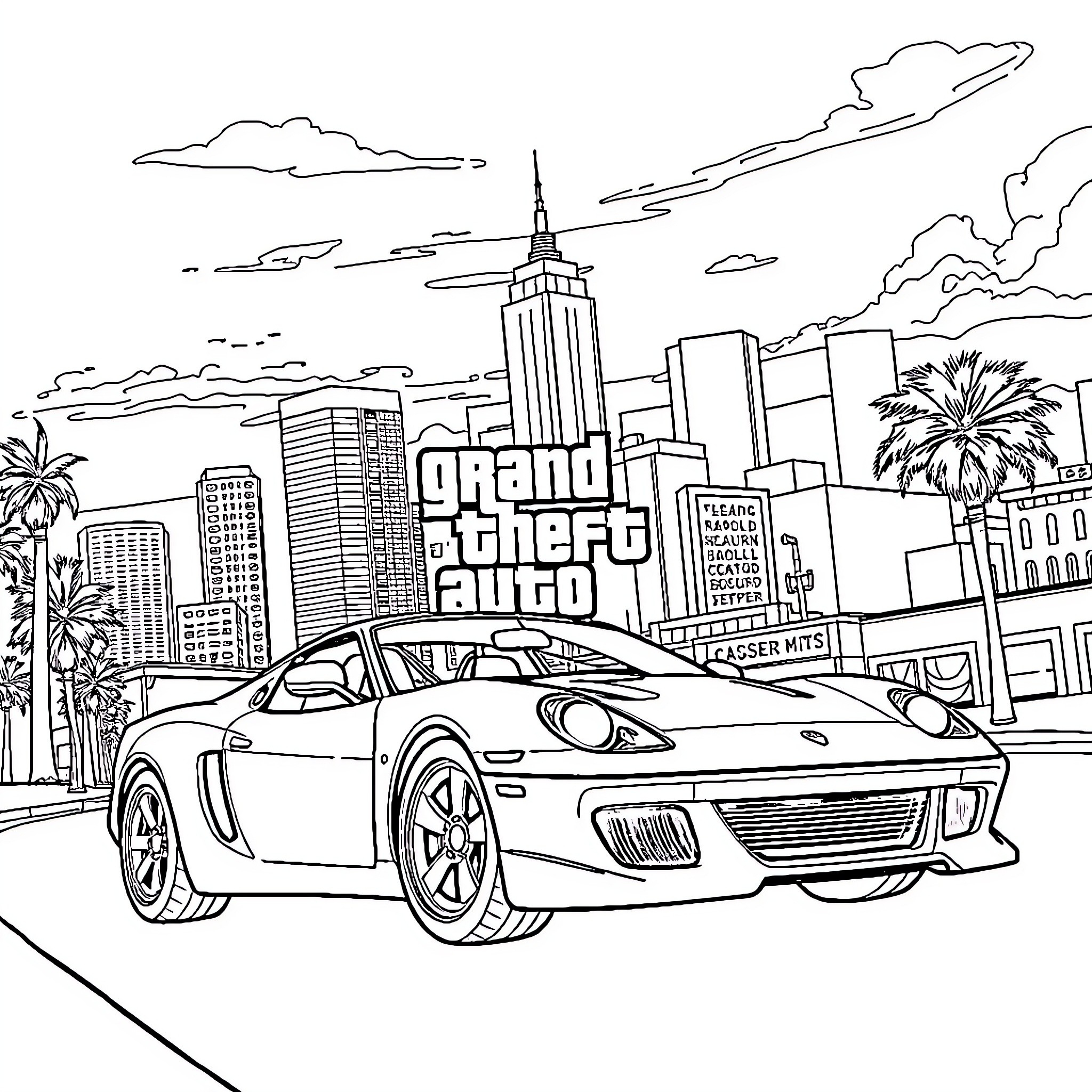 GTA sports car races through the city Coloring Page (free black-and-white line drawing printable PDF for all, from beginners to advanced learners, including children, teens, adults, and seniors)