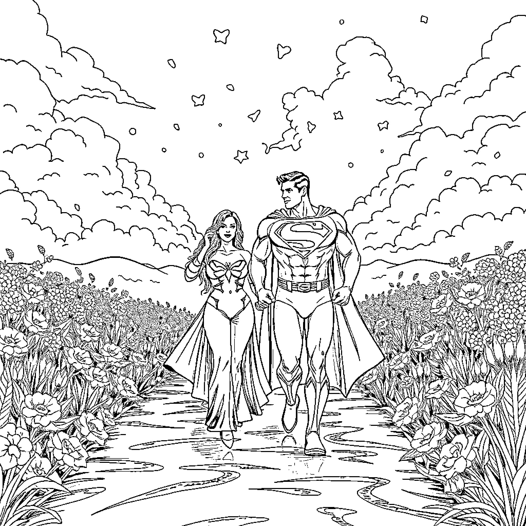 Spawn of superhero couple in fantasy landscape Coloring Page (free black-and-white line drawing printable PDF for all, from beginners to advanced learners, including children, teens, adults, and seniors)