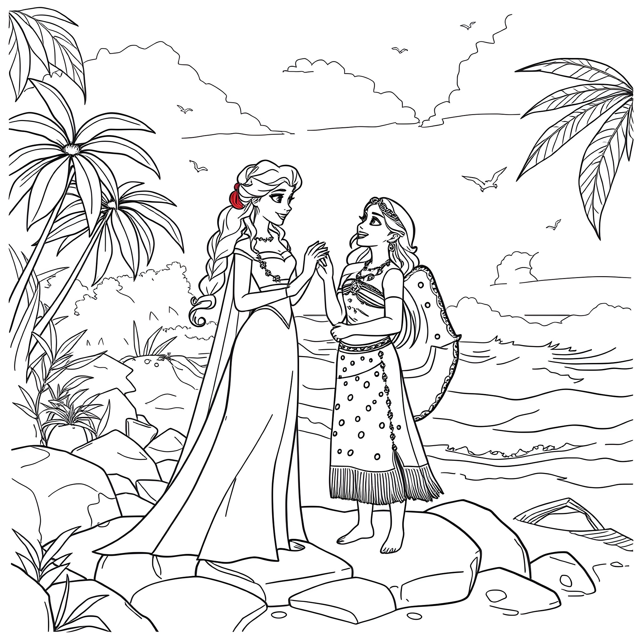Elsa and Anna having a conversation in a tropical setting Coloring Page (free black-and-white line drawing printable PDF for all, from beginners to advanced learners, including children, teens, adults, and seniors)
