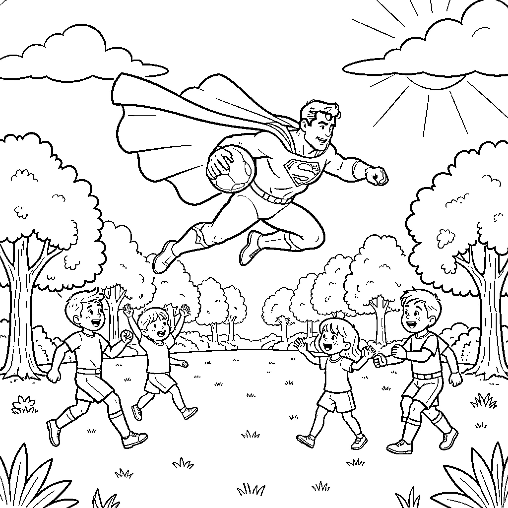 Superman rescuing children in an outdoor scene Coloring Page (free black-and-white line drawing printable PDF for all, from beginners to advanced learners, including children, teens, adults, and seniors)