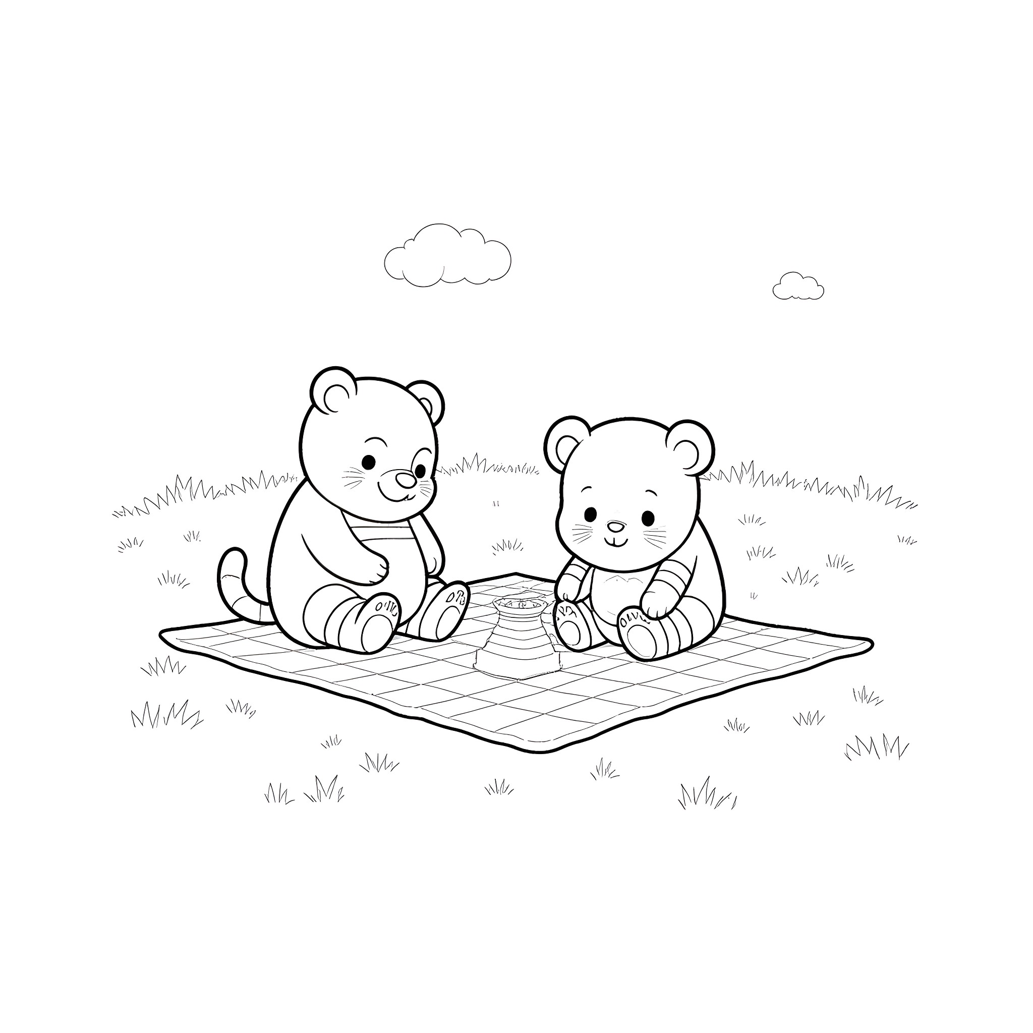 Snorlax bears having a picnic in the park Coloring Page (free black-and-white line drawing printable PDF for all, from beginners to advanced learners, including children, teens, adults, and seniors)