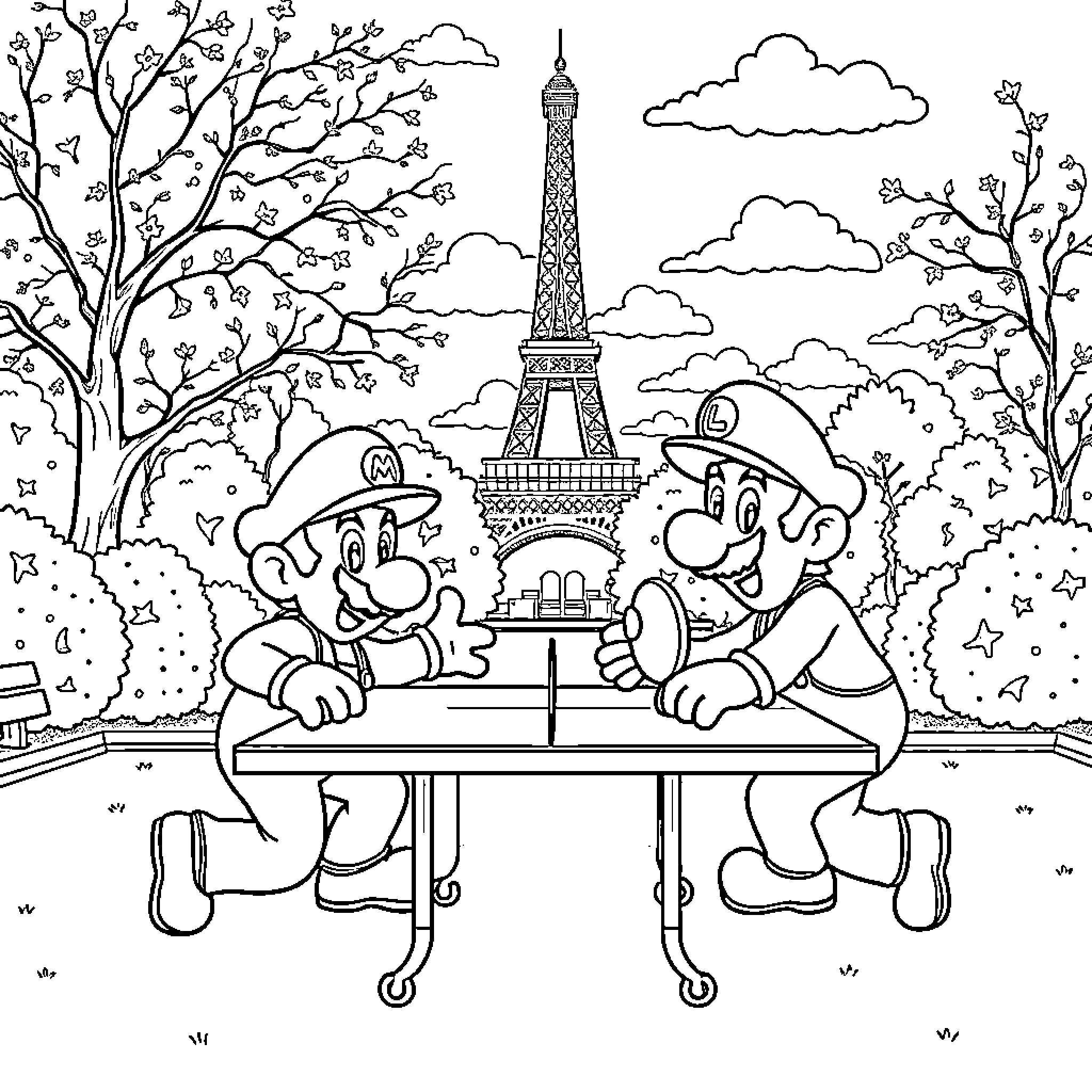 Mario and Luigi Enjoying the Sights of Paris Coloring Page (free black-and-white line drawing printable PDF for all, from beginners to advanced learners, including children, teens, adults, and seniors)