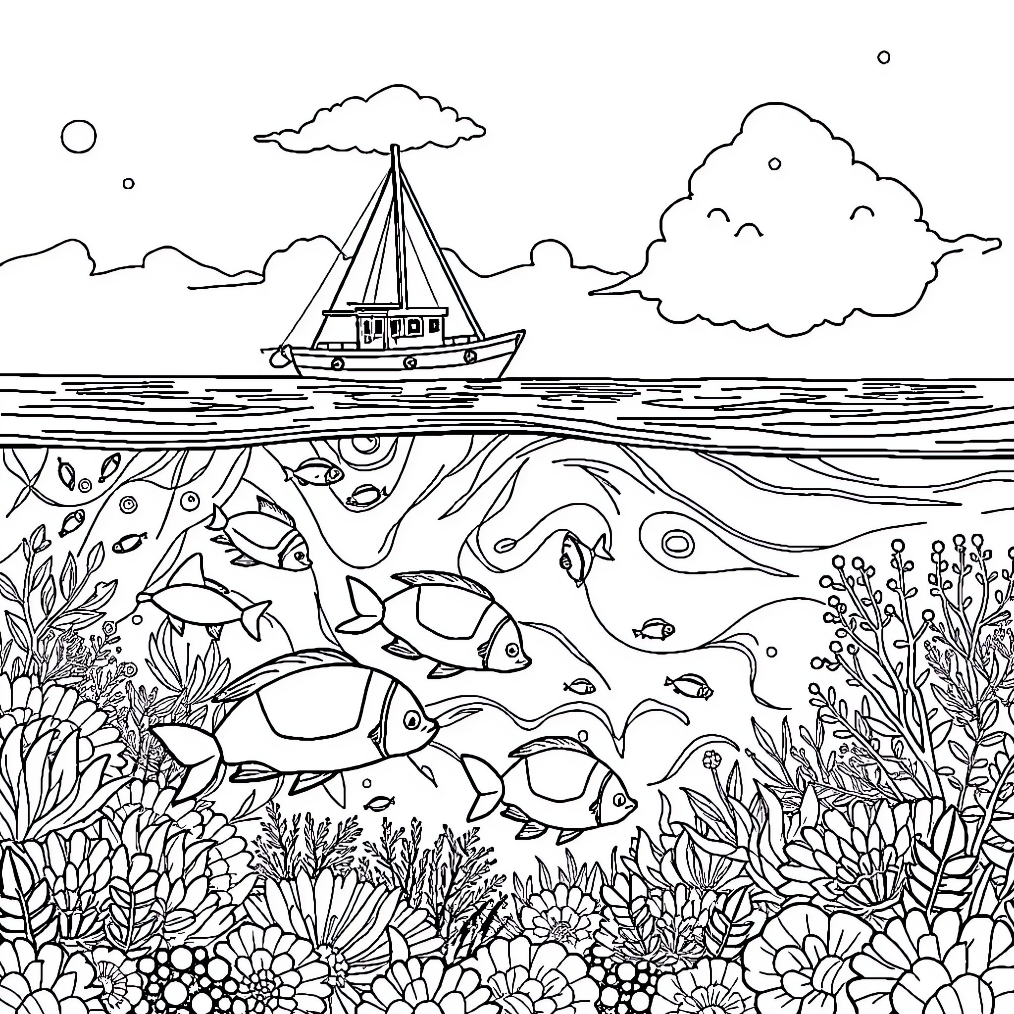 Underwater Scene with Sailing Boat and Marine Life Coloring Page (free black-and-white line drawing printable PDF for all, from beginners to advanced learners, including children, teens, adults, and seniors)