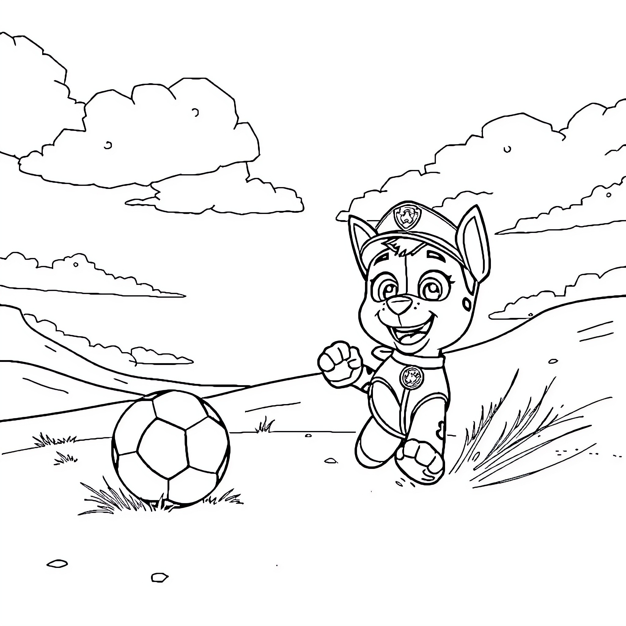 Paw Patrol pup playing soccer in the field Coloring Page (free black-and-white line drawing printable PDF for all, from beginners to advanced learners, including children, teens, adults, and seniors)