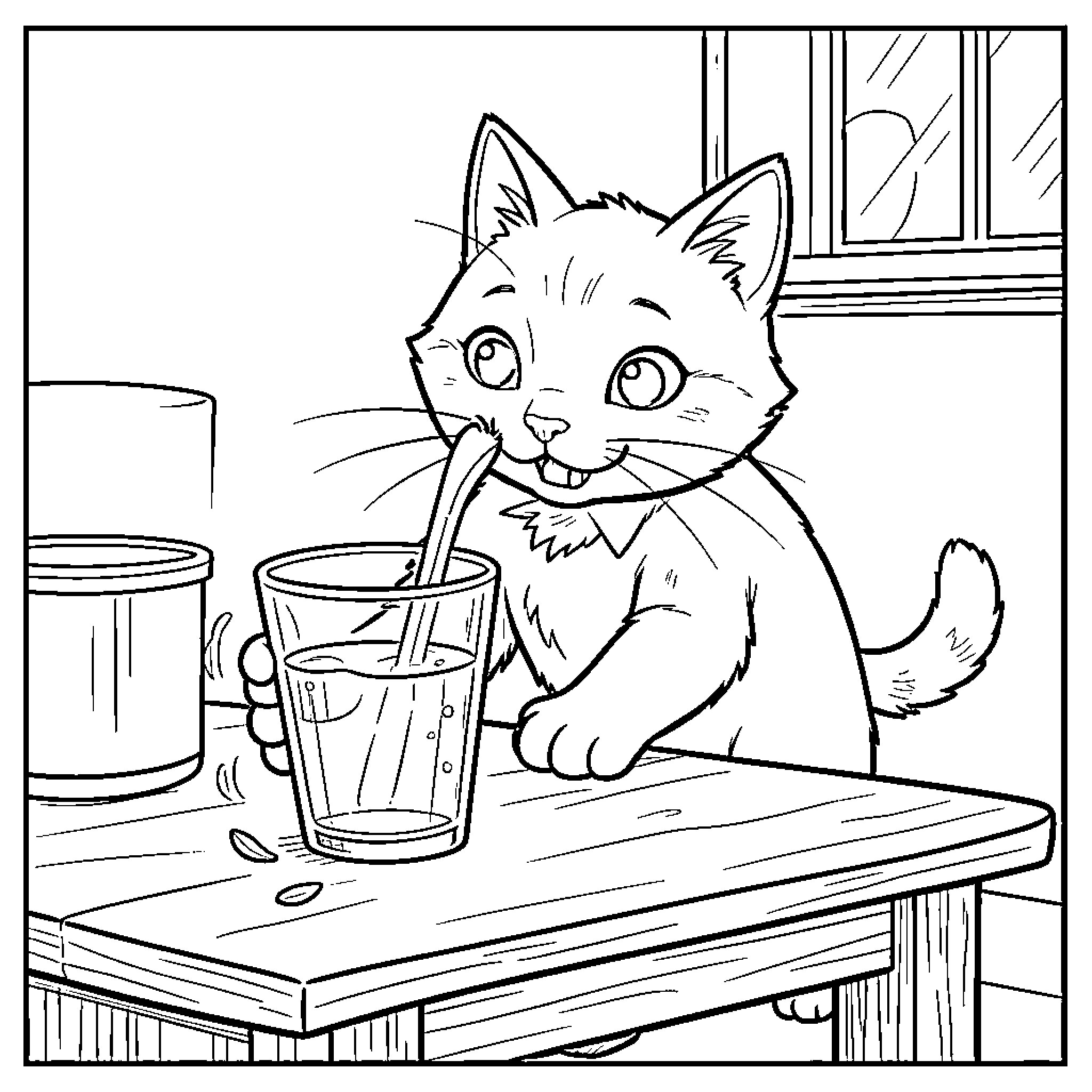 Gato drinking a refreshing beverage Coloring Page (free black-and-white line drawing printable PDF for all, from beginners to advanced learners, including children, teens, adults, and seniors)