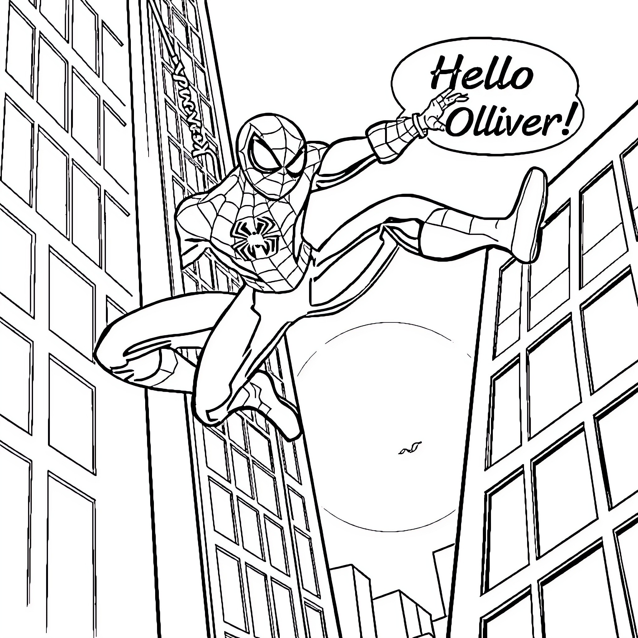Spiderman Swinging Through the City and Greeting Oliver Coloring Page (free black-and-white line drawing printable PDF for all, from beginners to advanced learners, including children, teens, adults, and seniors)