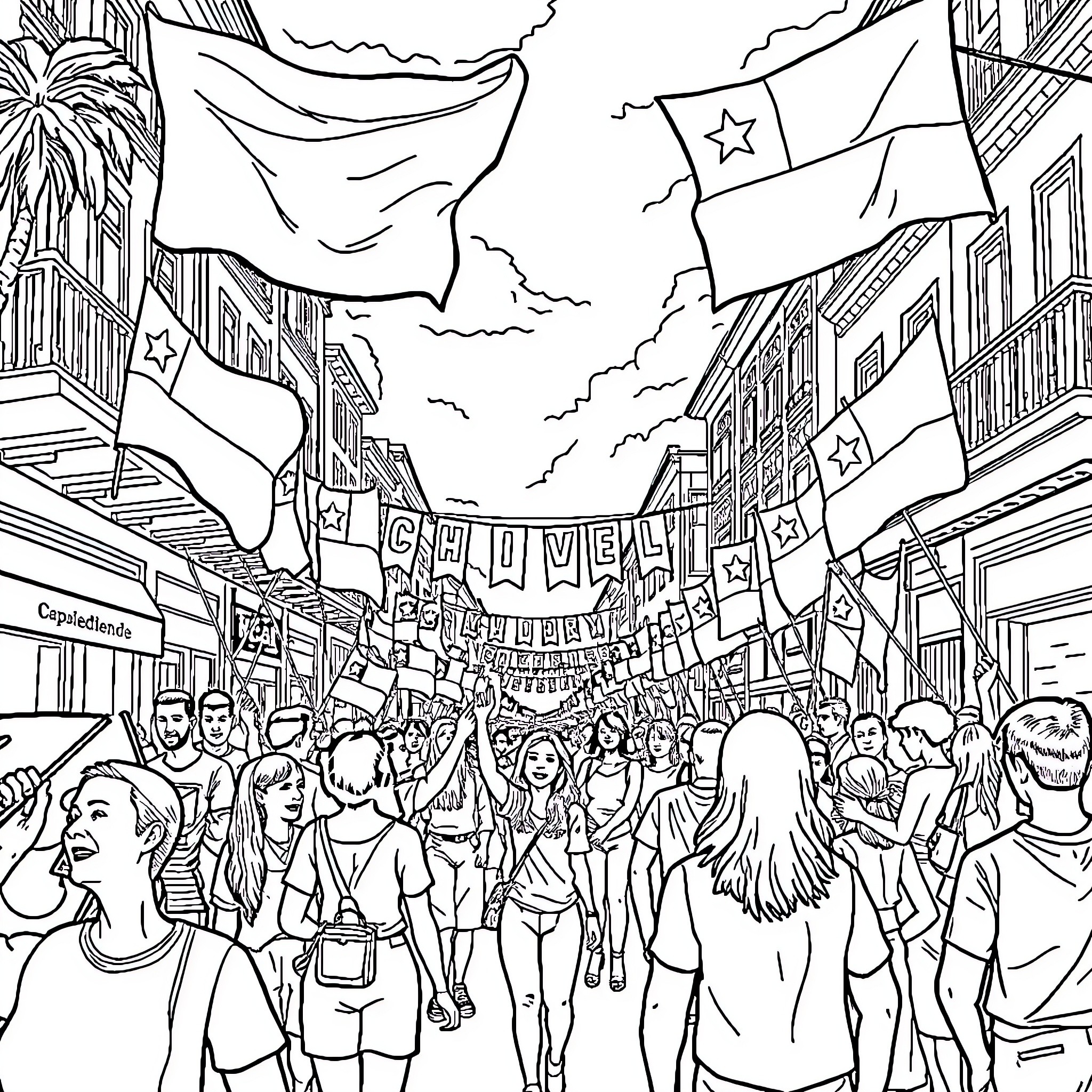 Chile Independence Festival with Celebratory Crowd Coloring Page (free black-and-white line drawing printable PDF for all, from beginners to advanced learners, including children, teens, adults, and seniors)