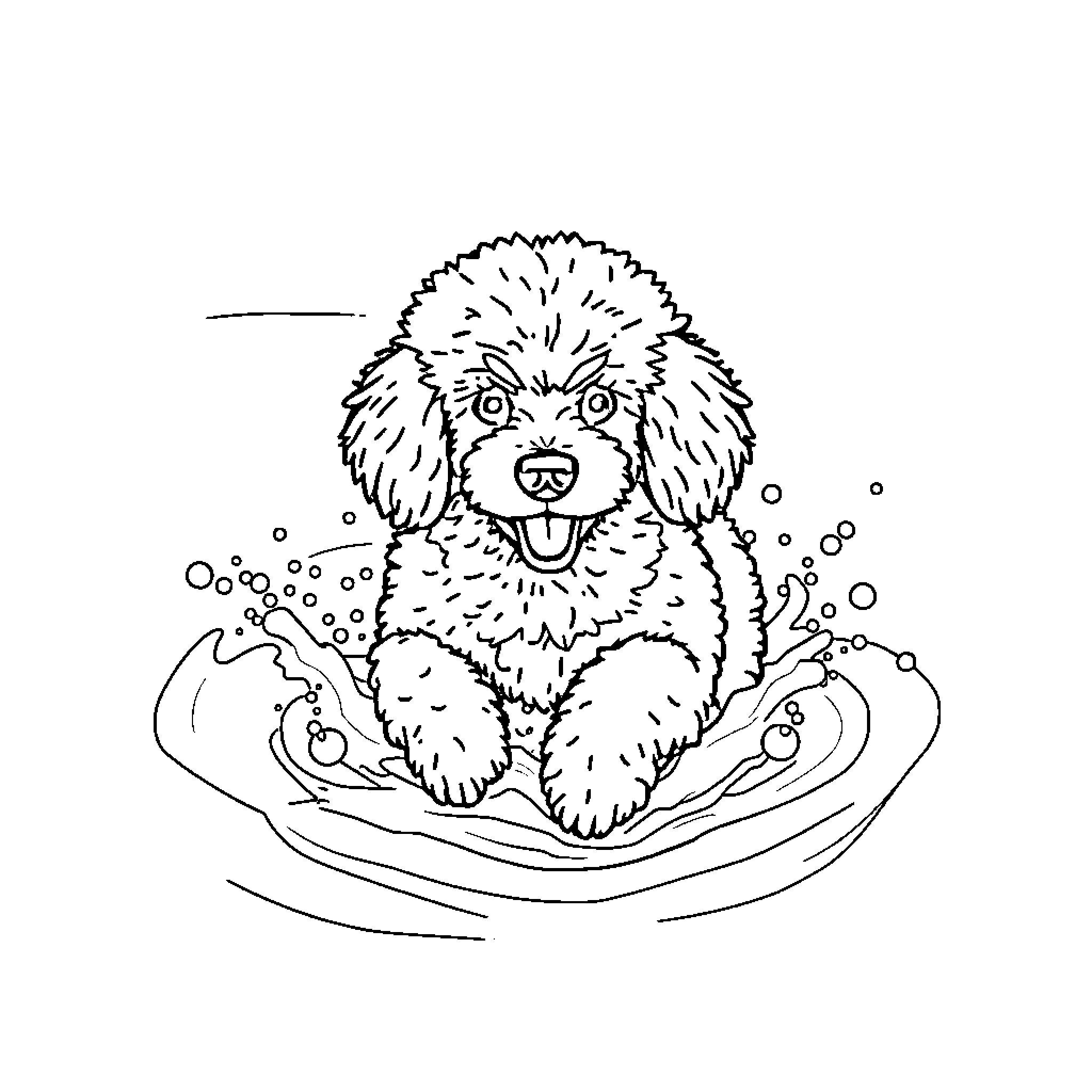 Poodle enjoying a bubbly bath Coloring Page (free black-and-white line drawing printable PDF for all, from beginners to advanced learners, including children, teens, adults, and seniors)