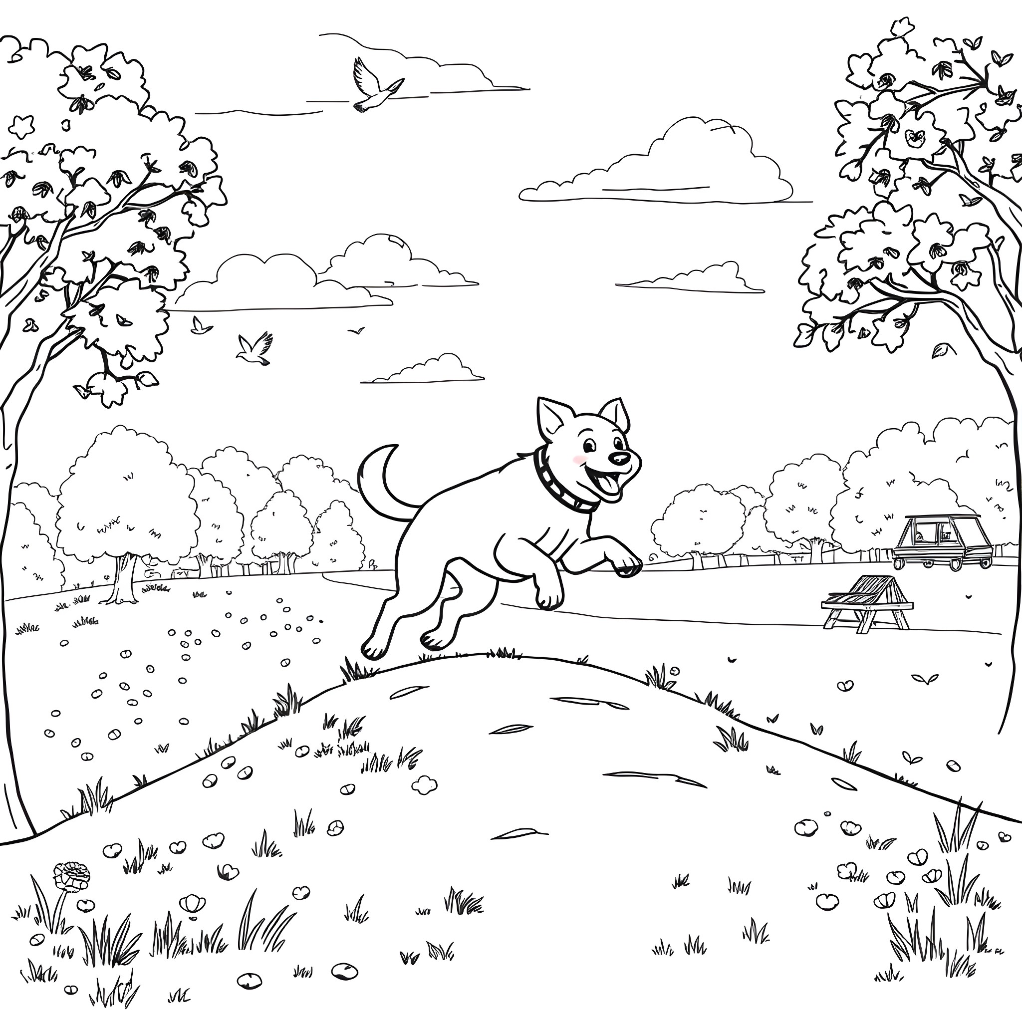 Dog running happily in the park Coloring Page (free black-and-white line drawing printable PDF for all, from beginners to advanced learners, including children, teens, adults, and seniors)