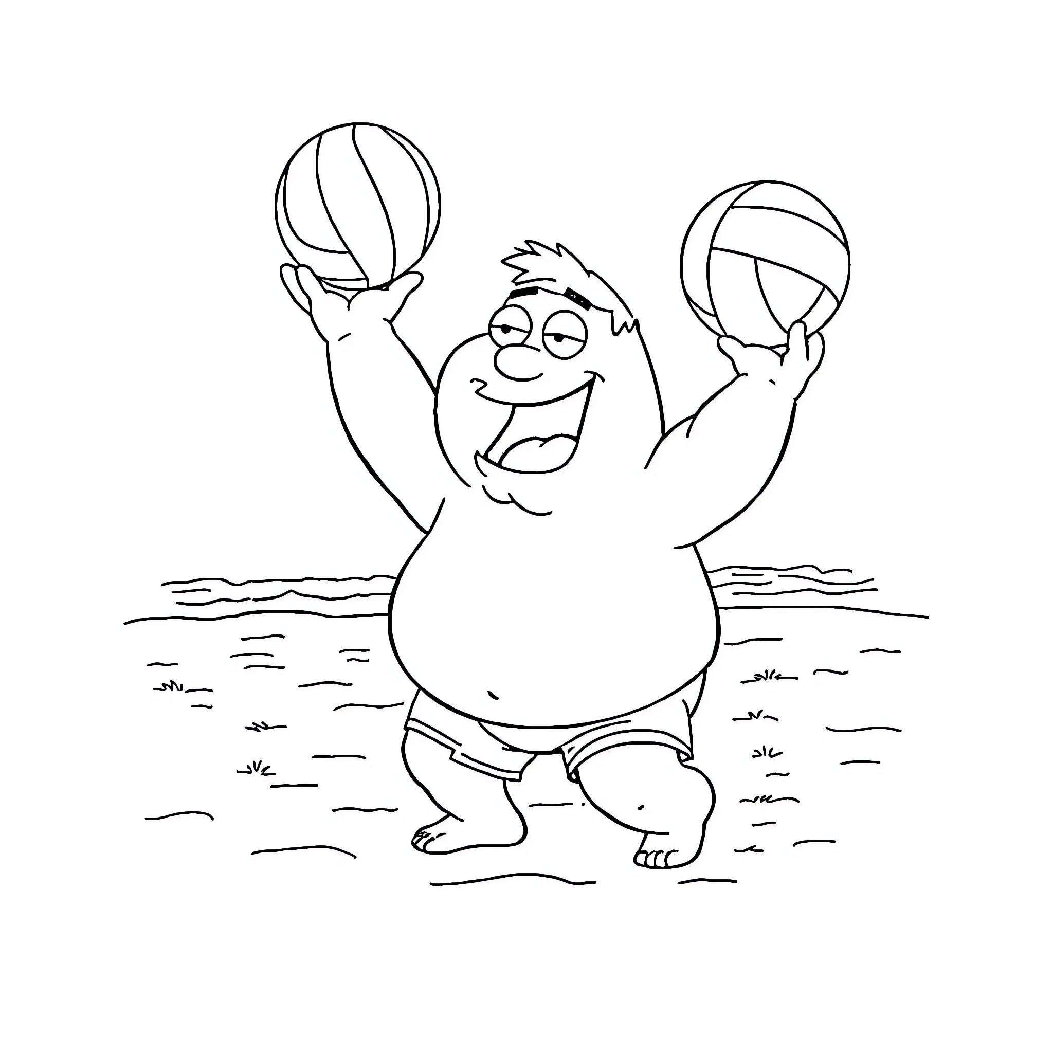Peter Griffin playing with beach balls happily Coloring Page (free black-and-white line drawing printable PDF for all, from beginners to advanced learners, including children, teens, adults, and seniors)