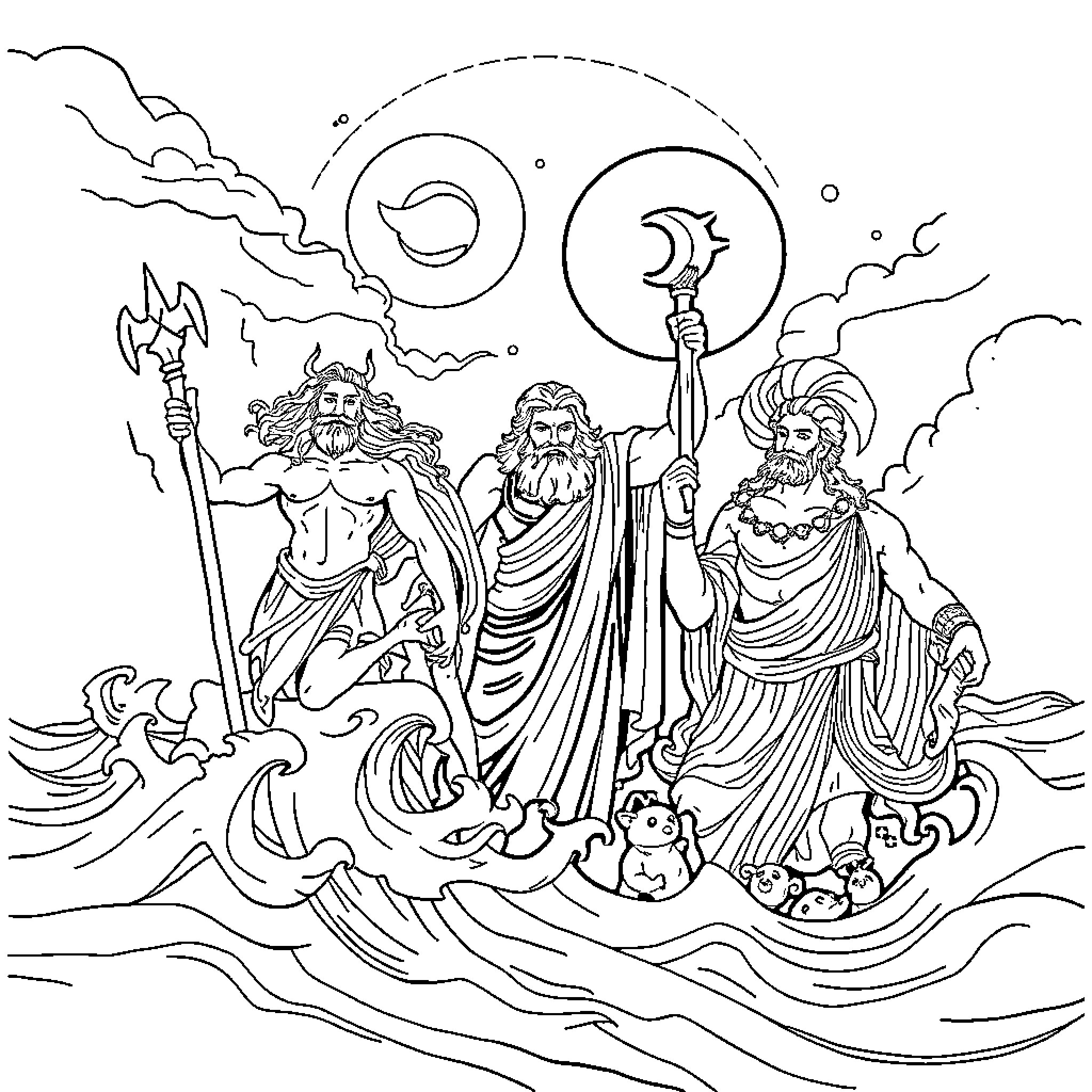 God's Celestial Gathering: Deities in Mythical Splendor Coloring Page (free black-and-white line drawing printable PDF for all, from beginners to advanced learners, including children, teens, adults, and seniors)