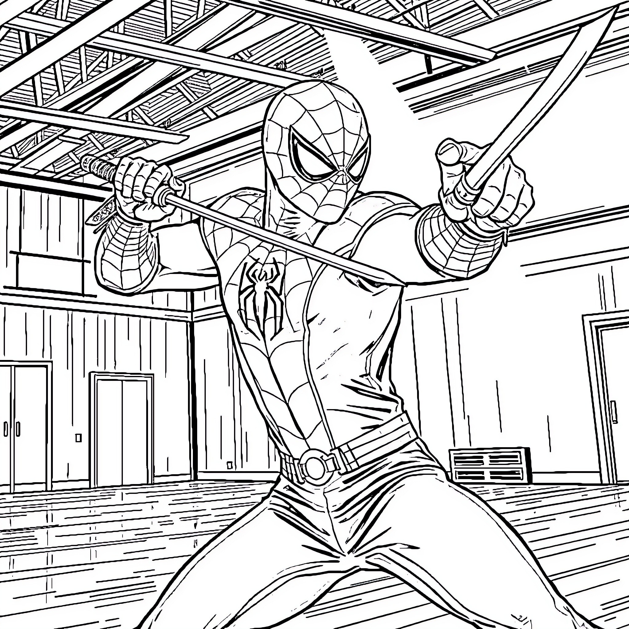 Spiderman in action-packed pose wielding his webs Coloring Page (free black-and-white line drawing printable PDF for all, from beginners to advanced learners, including children, teens, adults, and seniors)