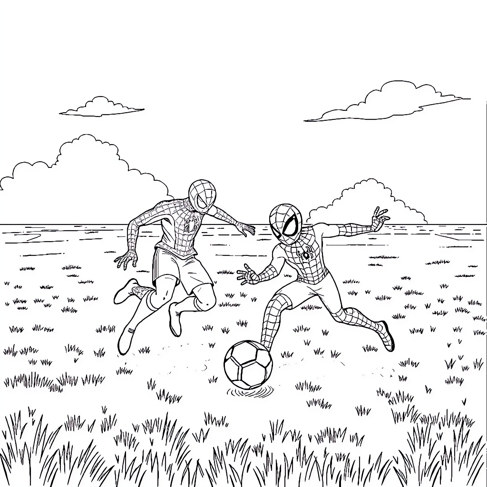 Spiderman superheroes playing soccer in the field Coloring Page (free black-and-white line drawing printable PDF for all, from beginners to advanced learners, including children, teens, adults, and seniors)