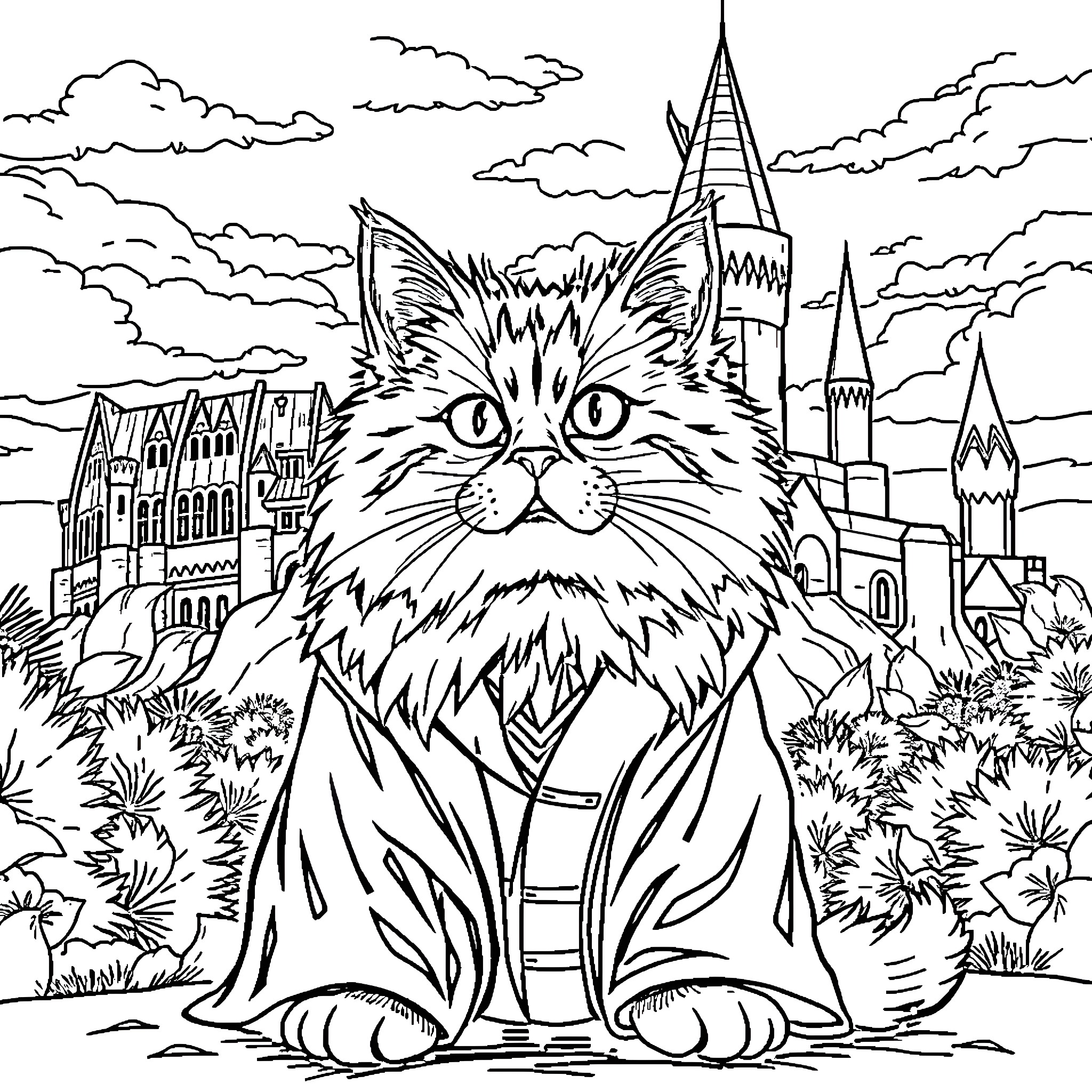 Cat in a magical fantasy landscape Coloring Page (free black-and-white line drawing printable PDF for all, from beginners to advanced learners, including children, teens, adults, and seniors)