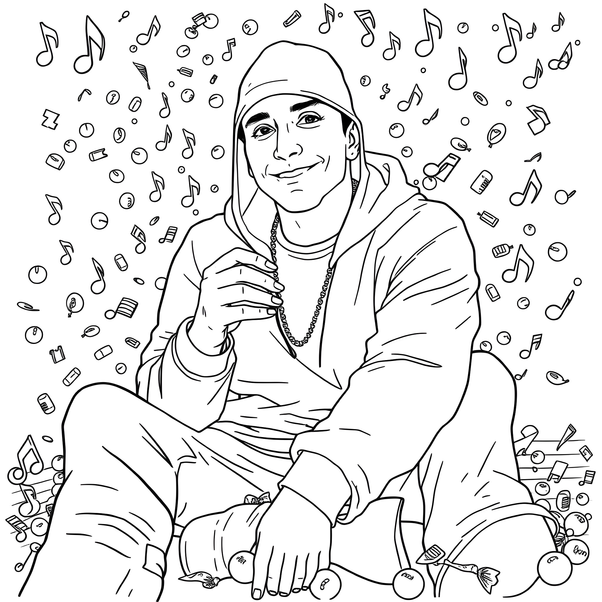 Eminem surrounded by music notes in artistic black and white Coloring Page (free black-and-white line drawing printable PDF for all, from beginners to advanced learners, including children, teens, adults, and seniors)