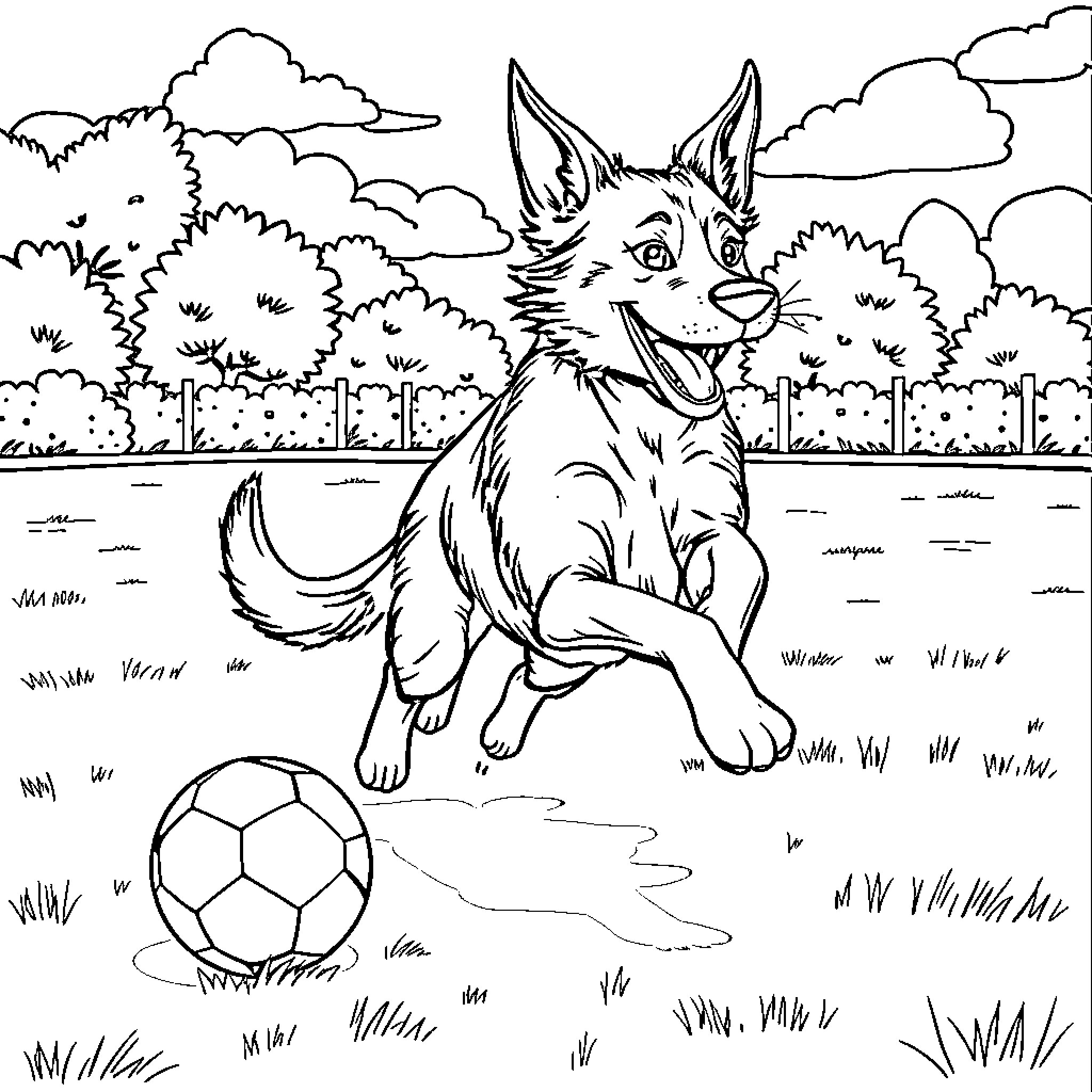 Perro playing with soccer ball in nature Coloring Page (free black-and-white line drawing printable PDF for all, from beginners to advanced learners, including children, teens, adults, and seniors)