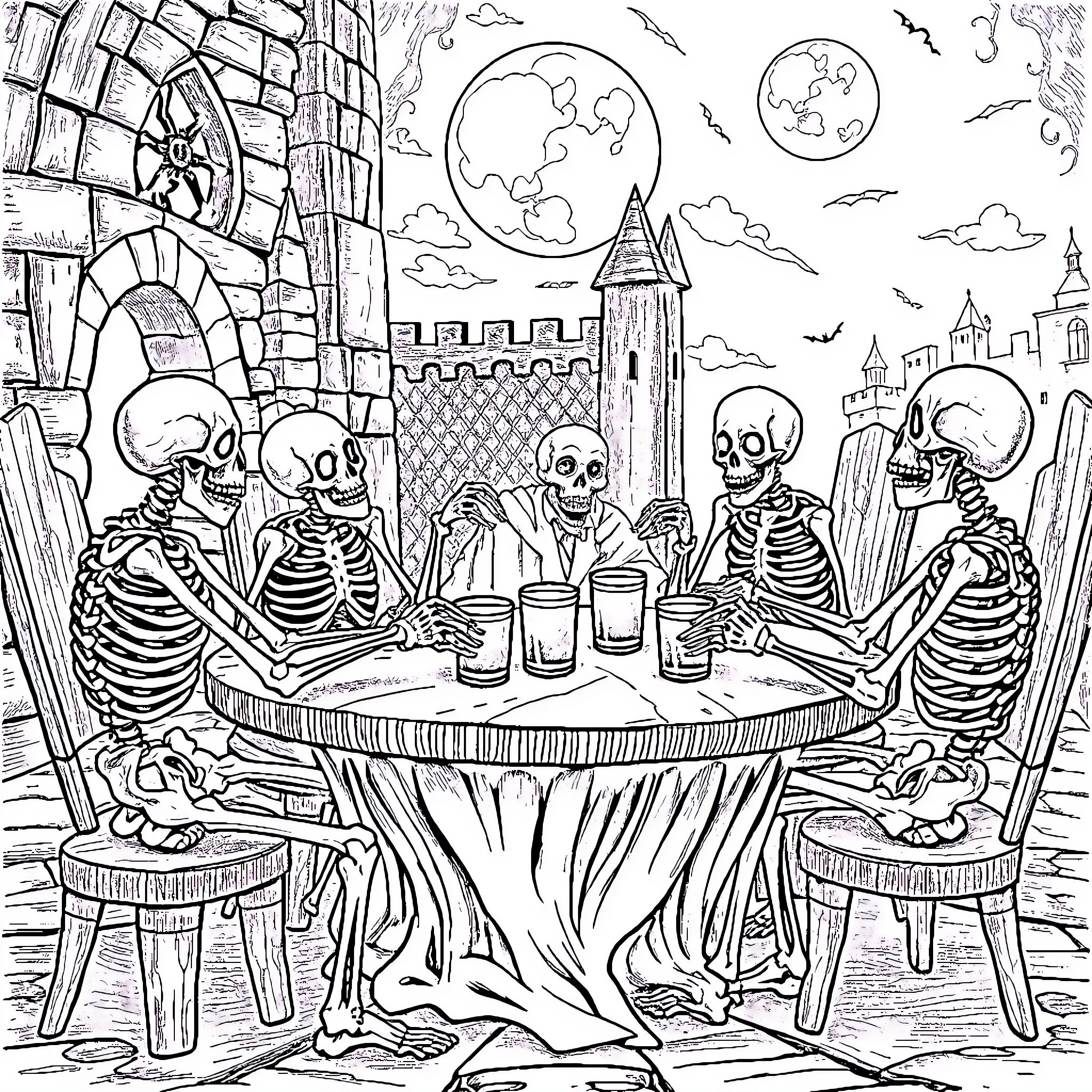 Skeleton friends enjoying a night out in the town Coloring Page (free black-and-white line drawing printable PDF for all, from beginners to advanced learners, including children, teens, adults, and seniors)