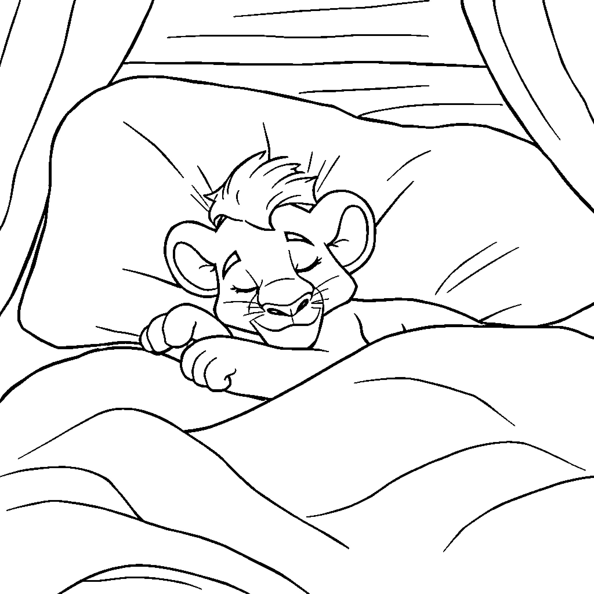 Simba resting peacefully in the wilderness Coloring Page (free black-and-white line drawing printable PDF for all, from beginners to advanced learners, including children, teens, adults, and seniors)