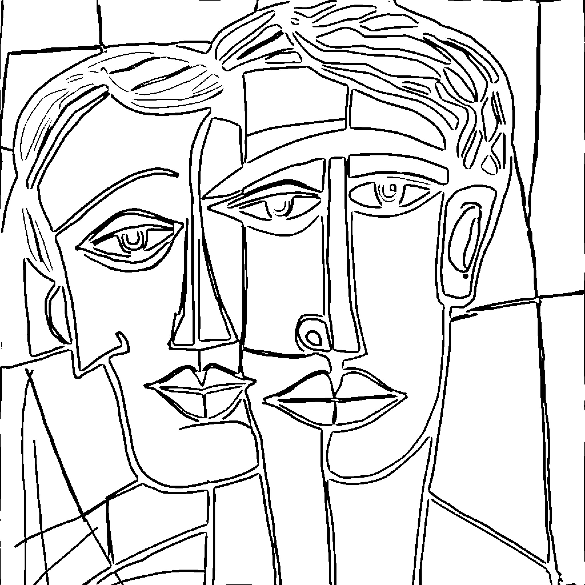 Picasso's Cubist Figures Coloring Page (free black-and-white line drawing printable PDF for all, from beginners to advanced learners, including children, teens, adults, and seniors)