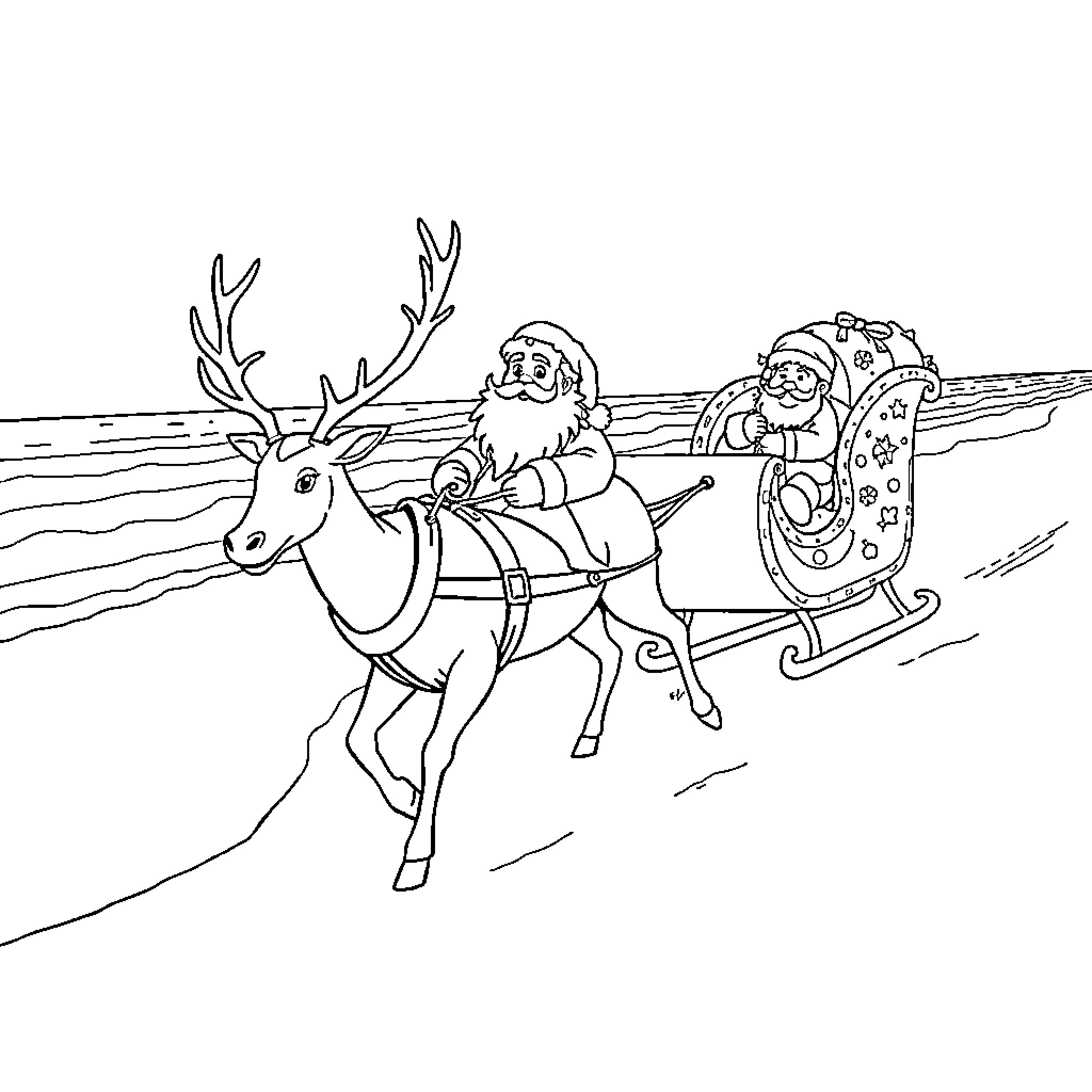 Reindeer pulling Santa's sleigh on snowy landscape Coloring Page (free black-and-white line drawing printable PDF for all, from beginners to advanced learners, including children, teens, adults, and seniors)