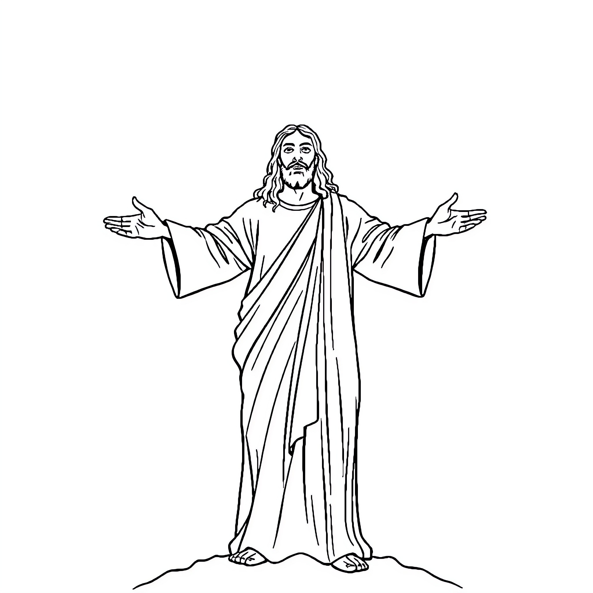 Christ's Welcoming Gesture in Robed Attire Coloring Page (free black-and-white line drawing printable PDF for all, from beginners to advanced learners, including children, teens, adults, and seniors)