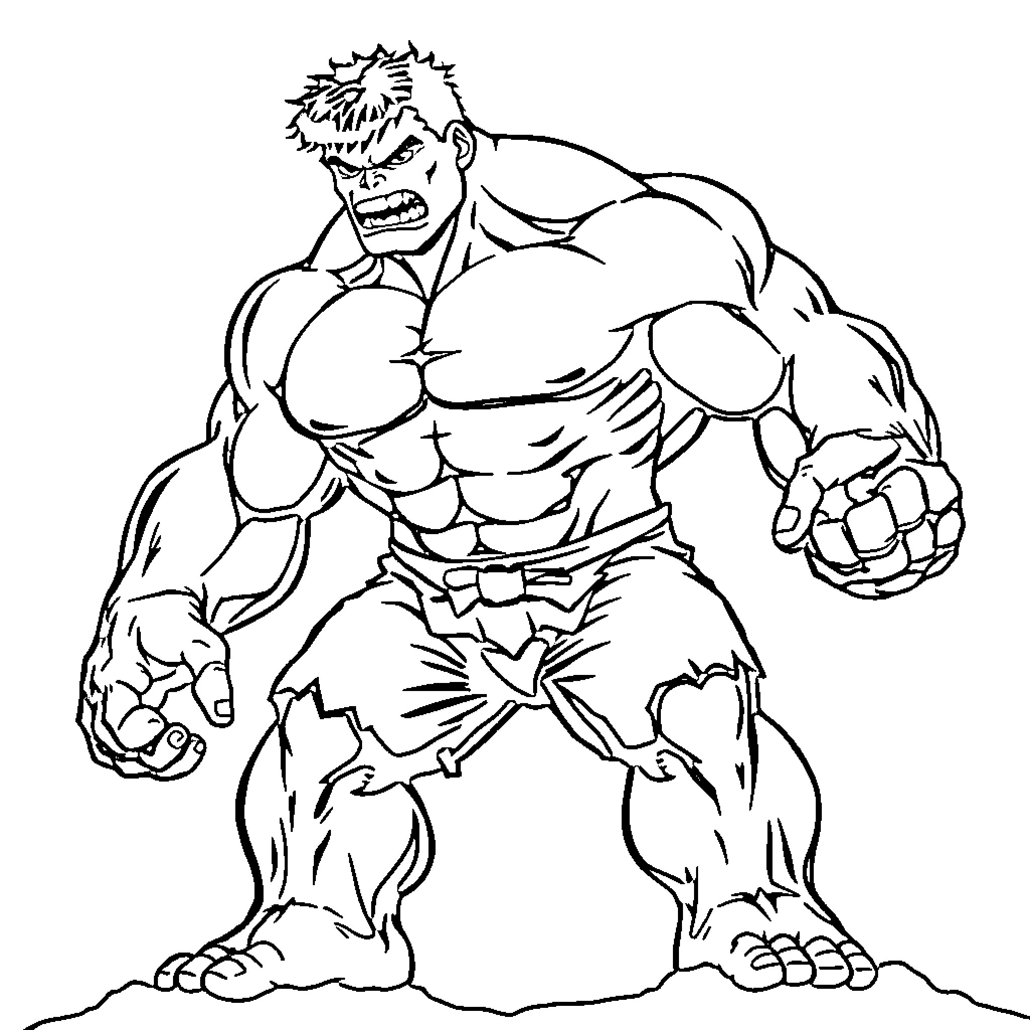 Hulk in an intense and aggressive action pose Coloring Page (free black-and-white line drawing printable PDF for all, from beginners to advanced learners, including children, teens, adults, and seniors)